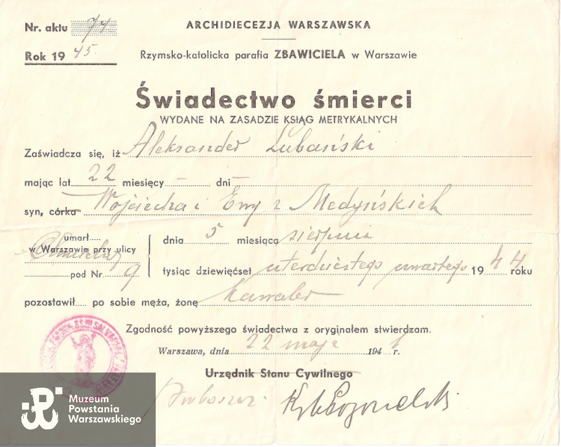 Świadectwo śmierci. Tu data zgonu 5 sierpnia 1944 r. Fot. udostępnione przez Justynę Szczepańską