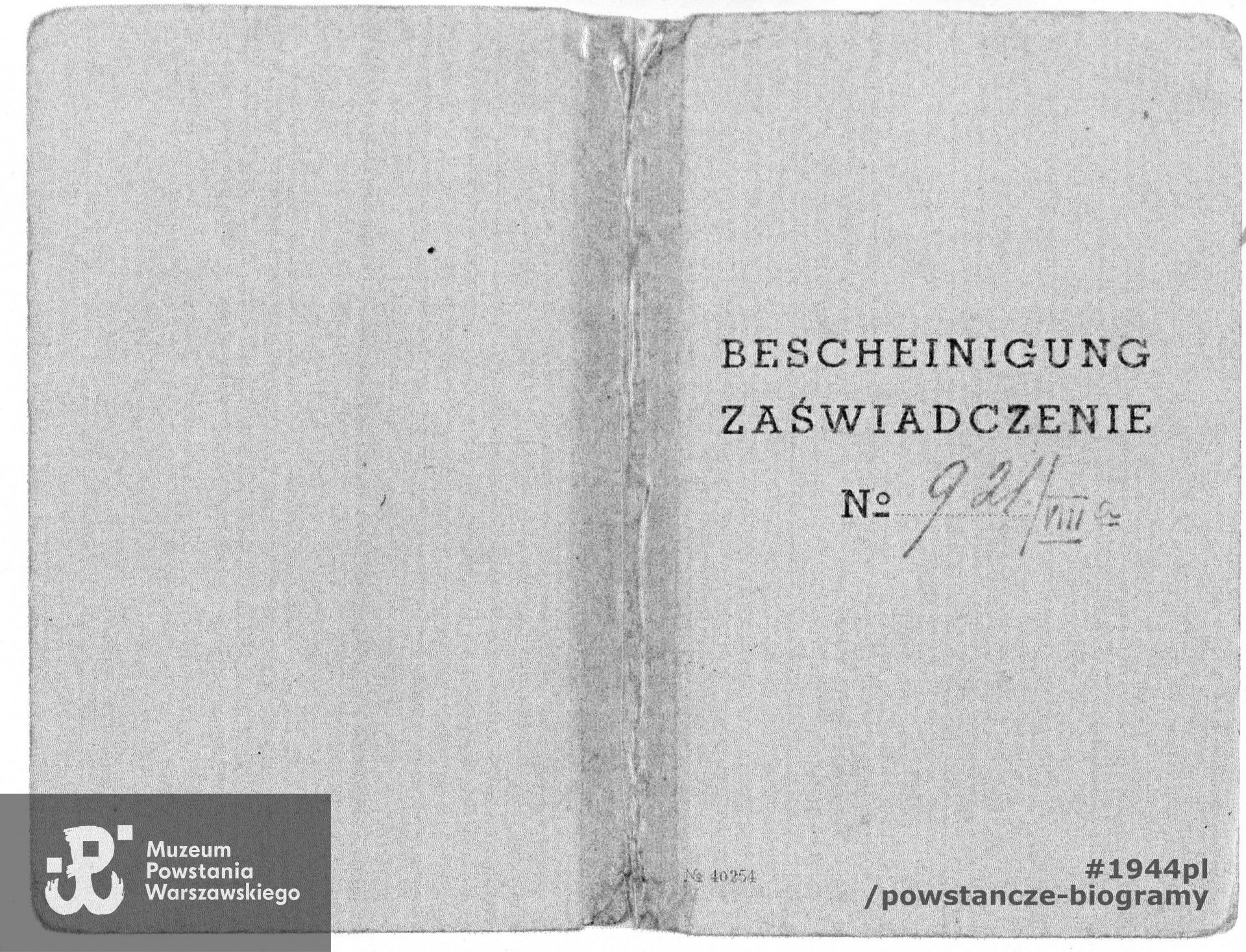 Zaświadczenie (Bescheinigung) z okresu okupacji niemieckiej wystawione przez przez XXVI Komisariat Policji Polskiej m. Warszawy o pełnieniu funkcji gońca OPL.  Skan: materiały do Słownika Biograficznego Uczestników Powstania gromadzone przez Pokój Kombatanta MPW