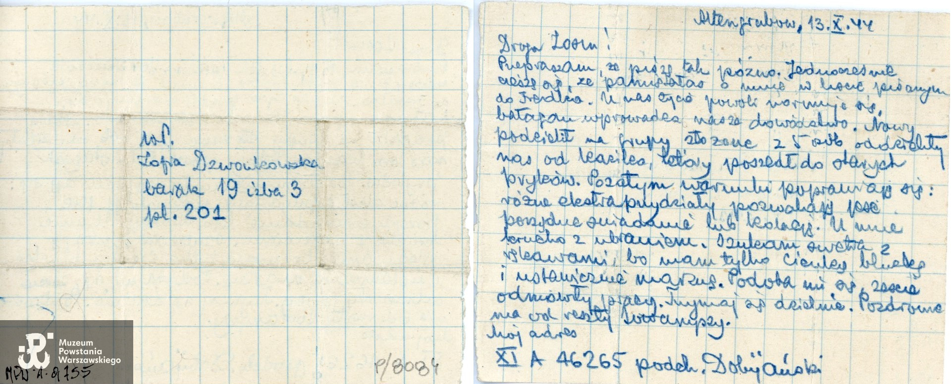 List przesłany przez jeńców wewnątrz Stalagu XI A Altengrabow, napisany przez Jana Dobijańskiego do Zofii Dzwonkowskiej. Zbiory Muzeum Powstania Warszawskiego; sygn. MPW-A-9755.