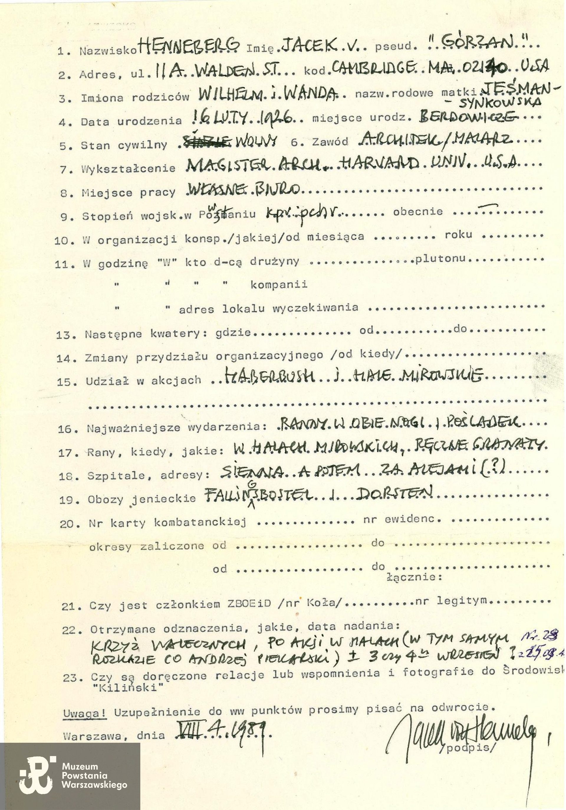  Muzeum Powstania Warszawskiego, Teczki personalne uczestników Powstania Warszawskiego,