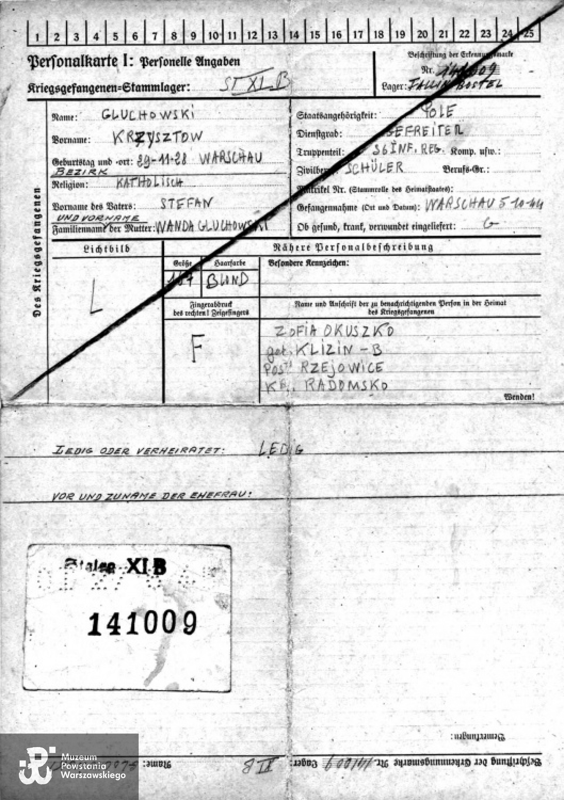 Niewola. Personalkarte - Karta ewidencyjna Krzysztofa Głuchowskiego - jeńca wojennego  Kriegsgefangenen-Stammlager XI B Fallingbostel