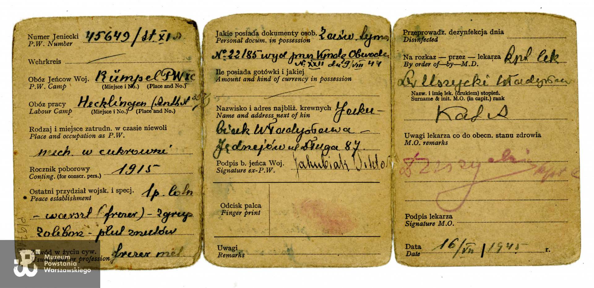 Legitymacja byłego jeńca wojennego wystawiona na nazwisko Wiktor Jakubiak. Ze zbiorów Muzeum Powstania Warszawskiego, sygn. P/9718, dar p. Mirosława Jakubiaka, syna Powstańca