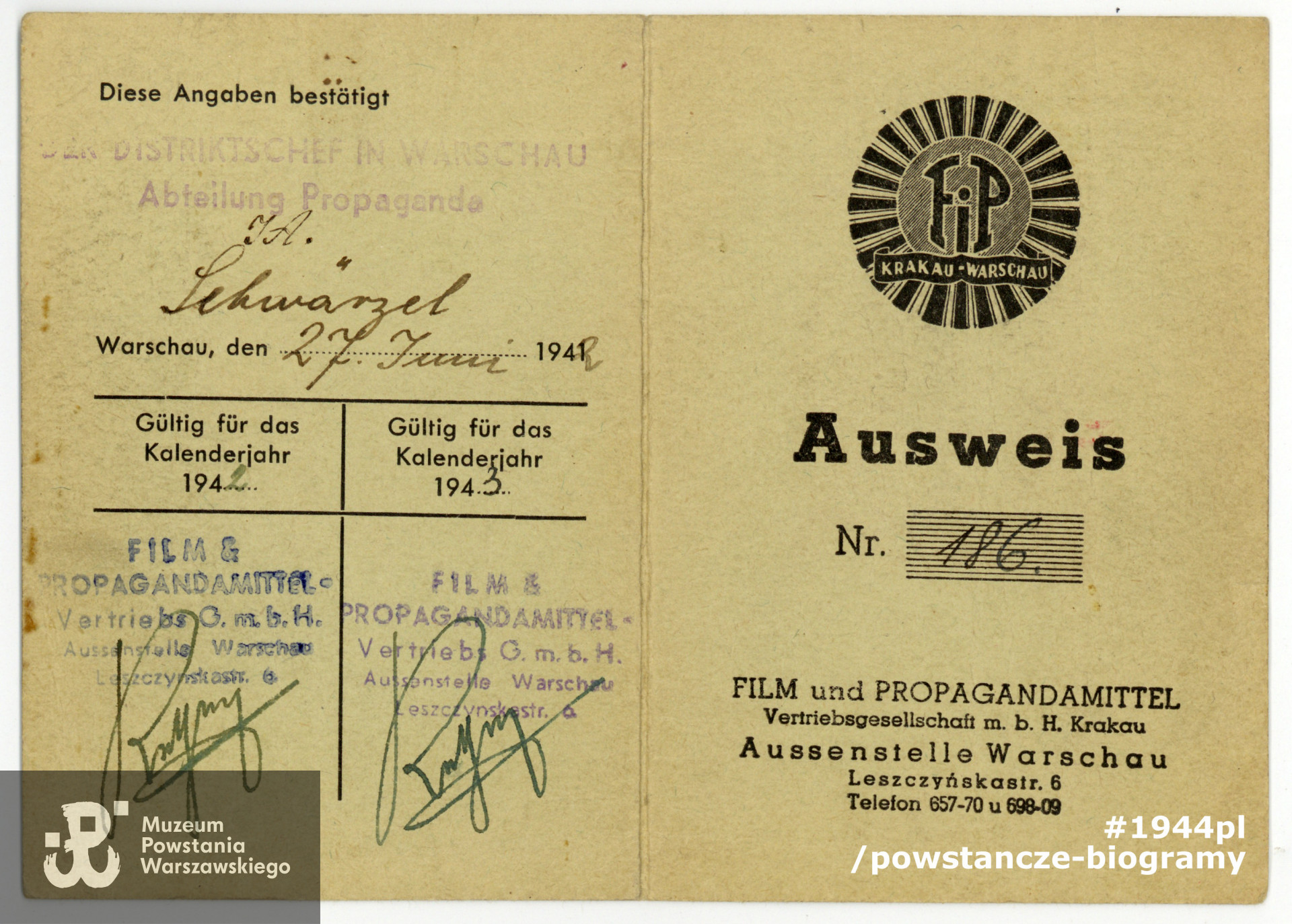 Ausweis. Dokument wystawiony na fałszywą tożsamość Jerzy Orlicz. Ze zbiorów Muzeum Powstania Warszawskiego, dar p. Ewy Bieżan