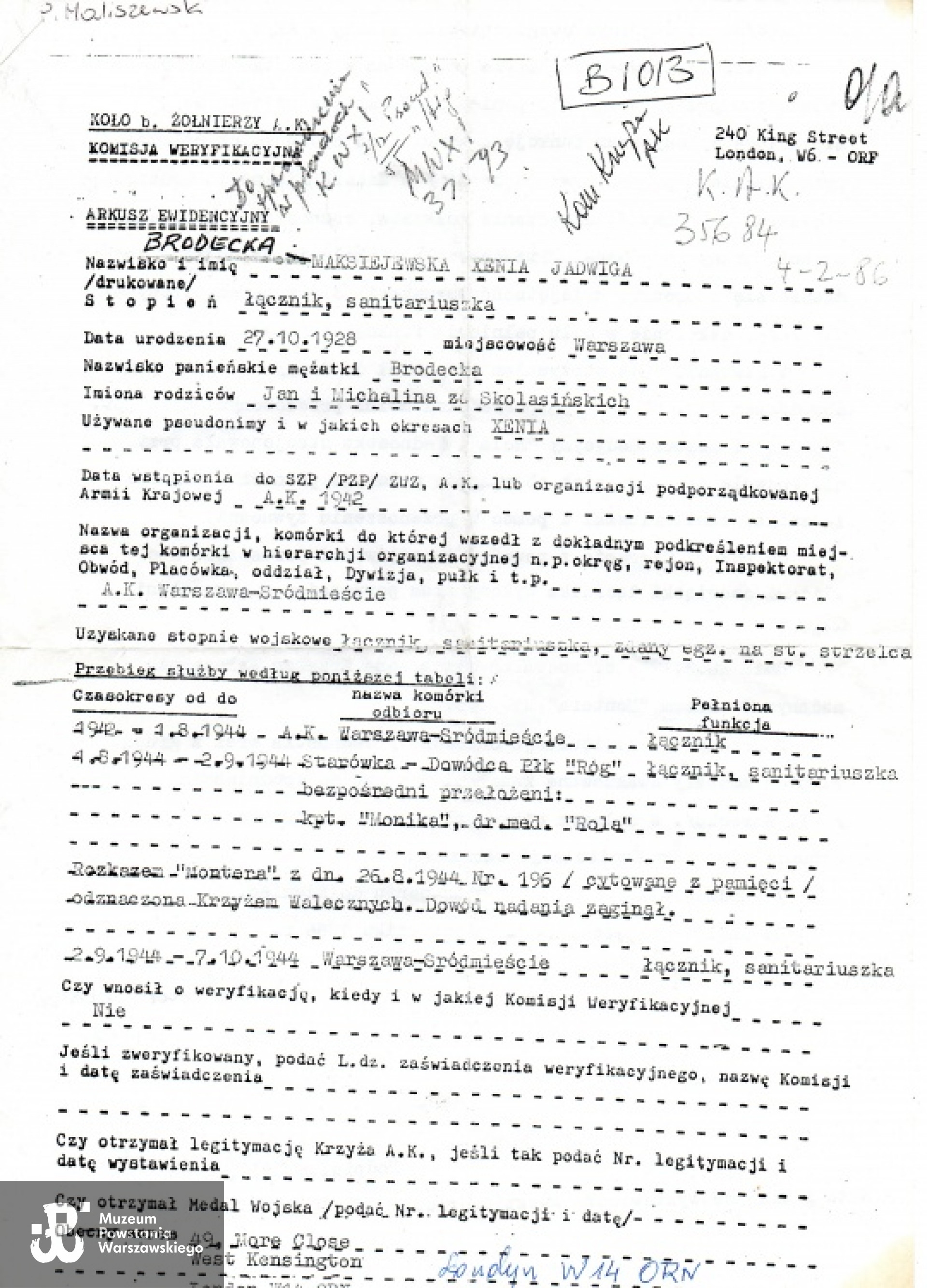 Ankieta Komisji Weryfikacyjnej Koła b. żołnierzy AK w Londynie