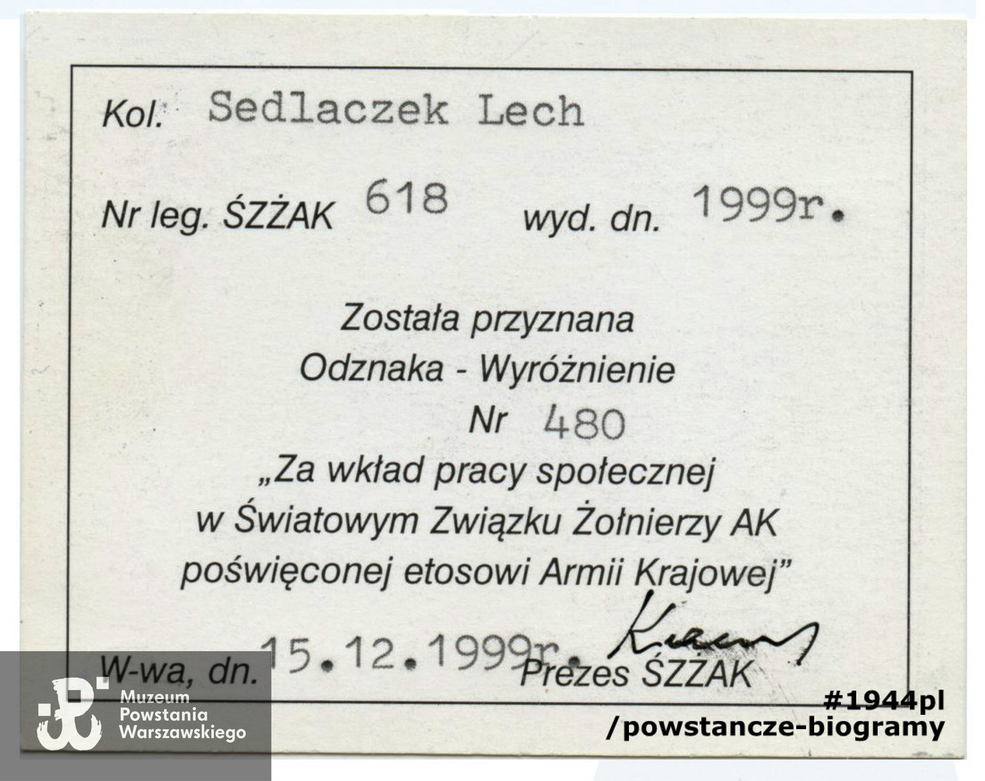 Odznaka - Wyróżnienie ŚZŻAK. Z archiwum rodzinnego p. Lecha Sedlaczka ps. Hak