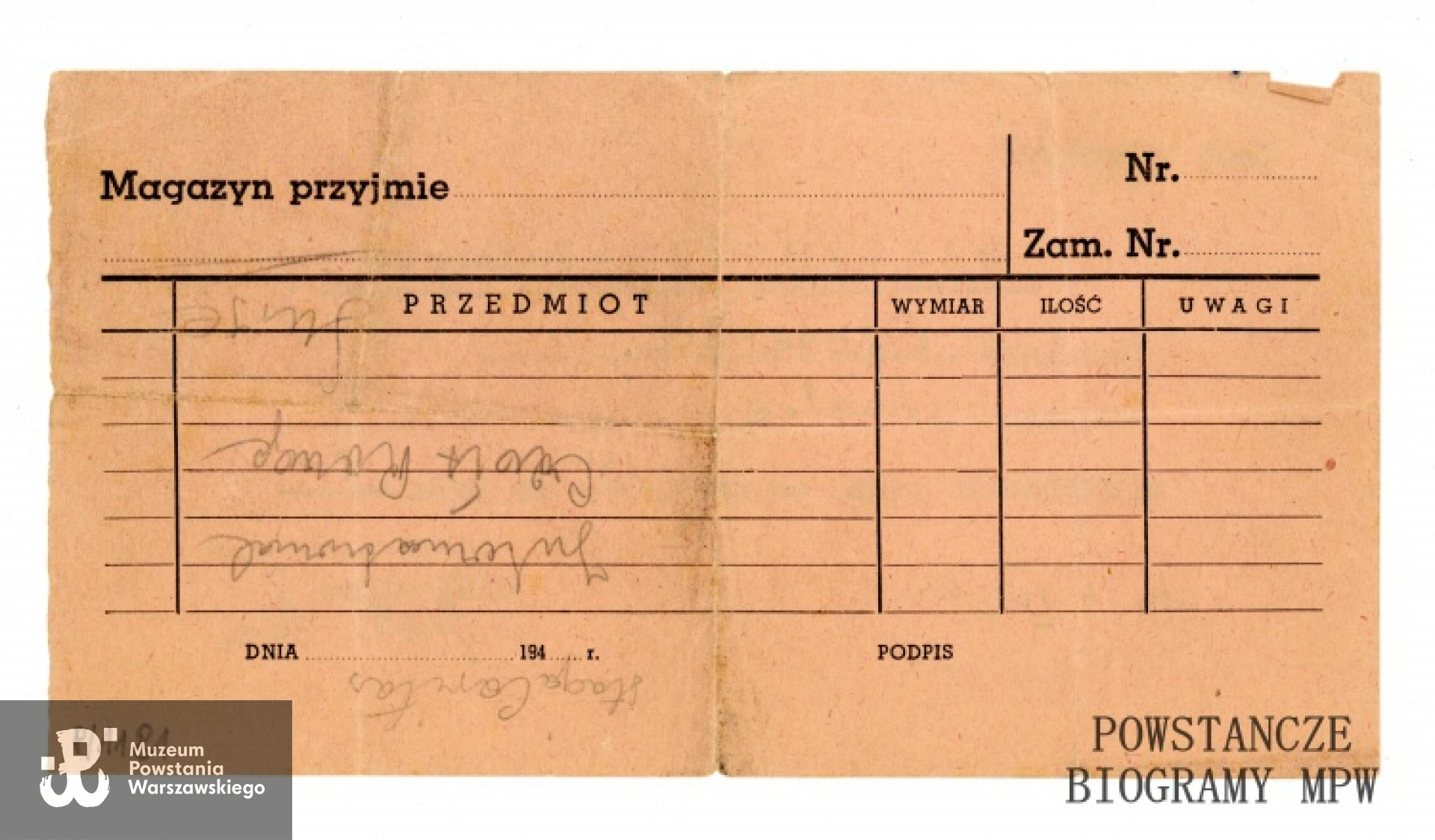 Przepustka - rewers. Ze zbiorów Muzeum Powstania Warszawskiego, sygn. P/1181, dar Włodzimierza Wiśniewskiego "Szczerby"