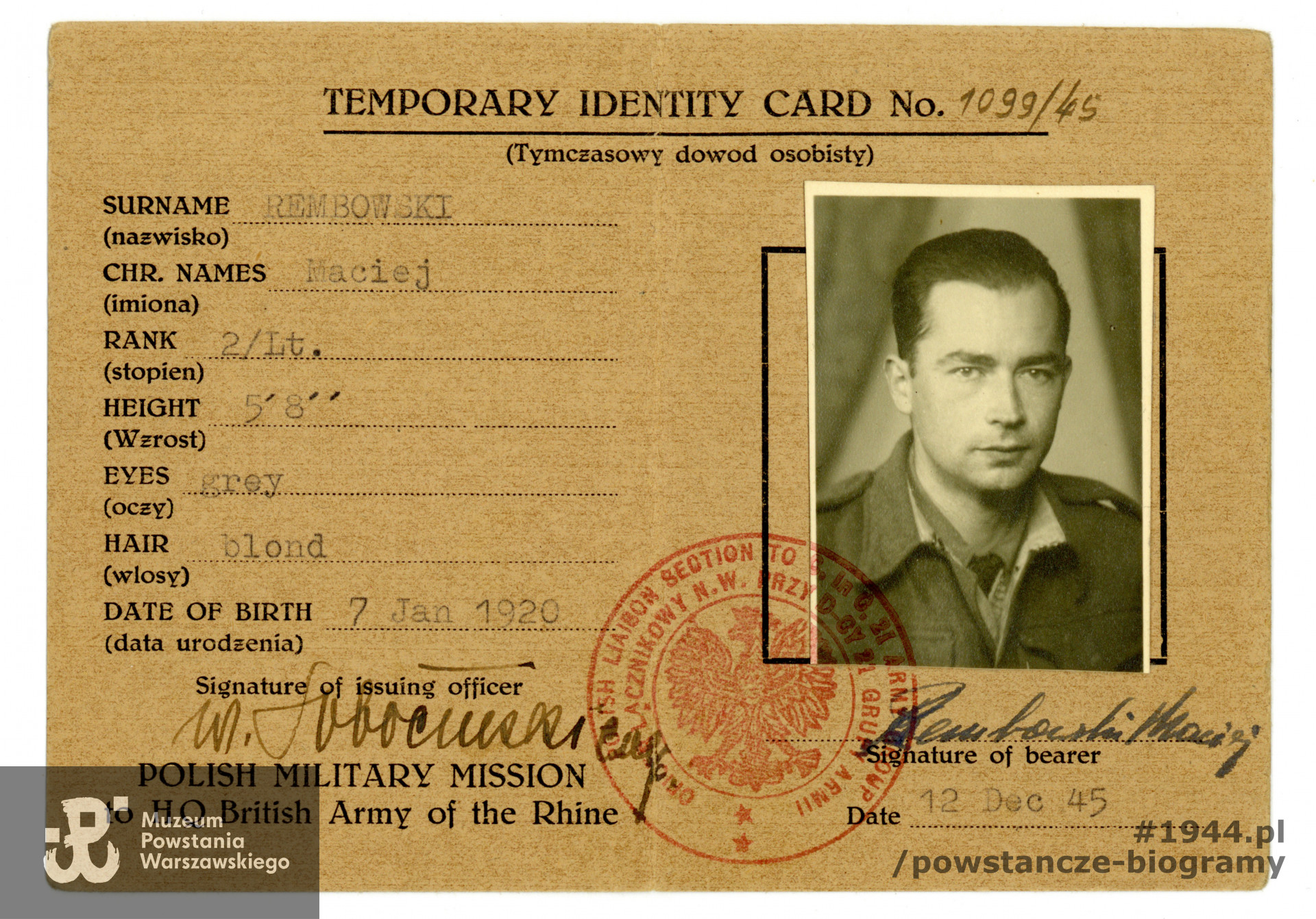 Tymczasowy dowód osobisty i potwierdzenie zatrudnienia właściciela jako oficera socjalnego (Welfare Officer) w polskiej bazie wojskowej Adelheide k. Hamburga. Dokument wystawiony przez Polish Military Mission to HQ British Army of the Rhine. Ze zbiorów Muzeum Powstania warszawskiego, sygn. P/4995