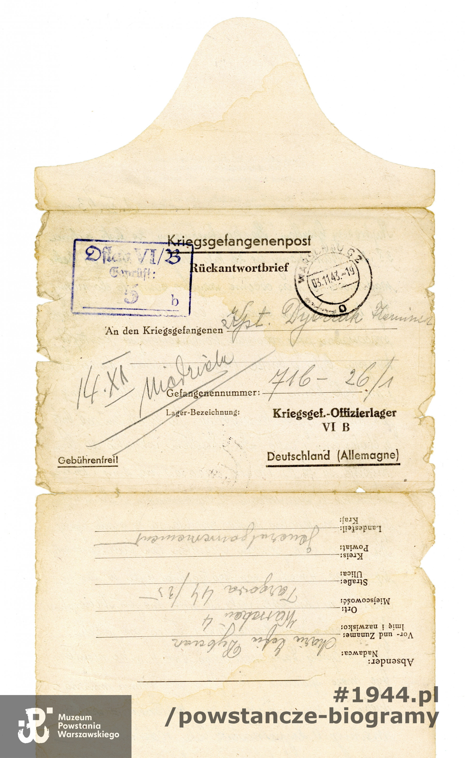 Listy Jerzego,  pisane w 1943 roku  i wiosną 1944 roku pisane do przebywającego w Oflagu ojca, kpt. Franciszka Dybczaka. Ze zbiorów Muzeum Powstania Warszawskiego.