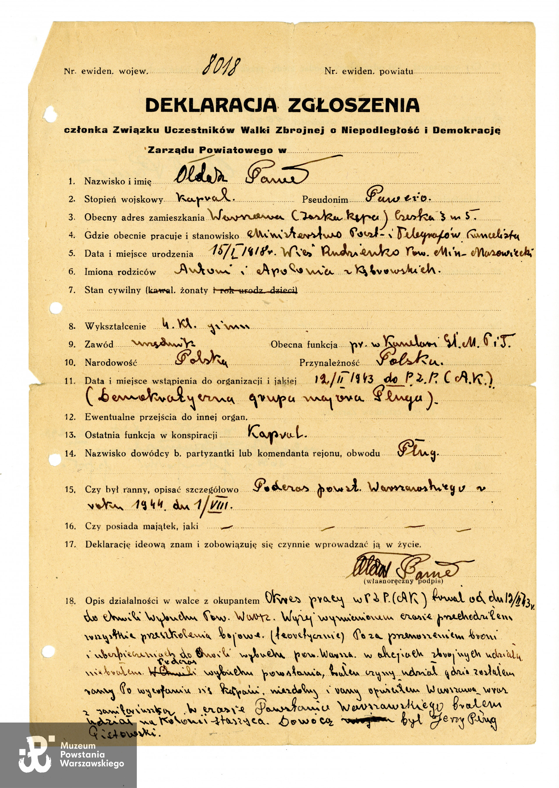 Ze zbiorów rodzinnych p.  Joanny Węgrzynek z domu Ołdak, córki Powstańca. Skany wykonano w Muzeum Powstania Warszawskiego, 05/2023.