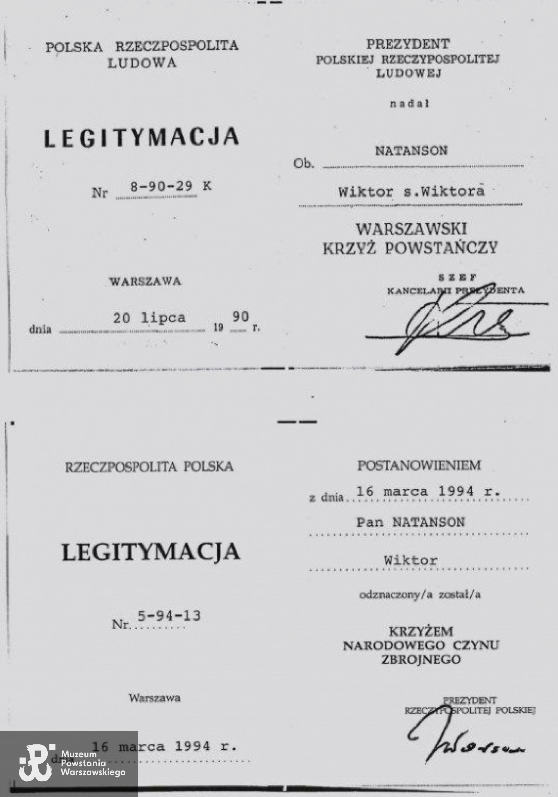 Legitymacja Warszawskiego Krzyża Powstańczego  -  Warszawa  1994