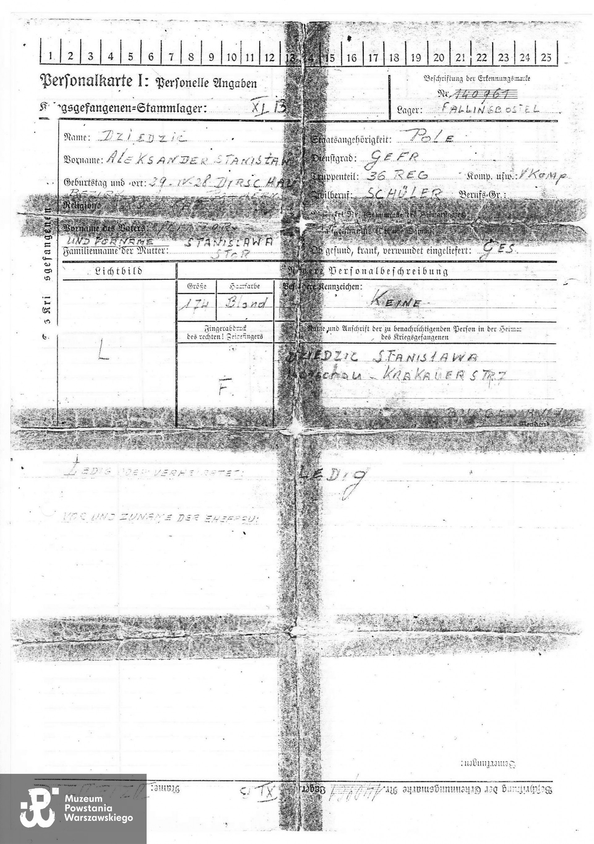 Karta obozowa Aleksandra Dziedzica (Personalkarte). Skan z kserokopii, materiały do Słownika Uczestników Powstania Warszawskiego - Pokój Kombatanta MPW