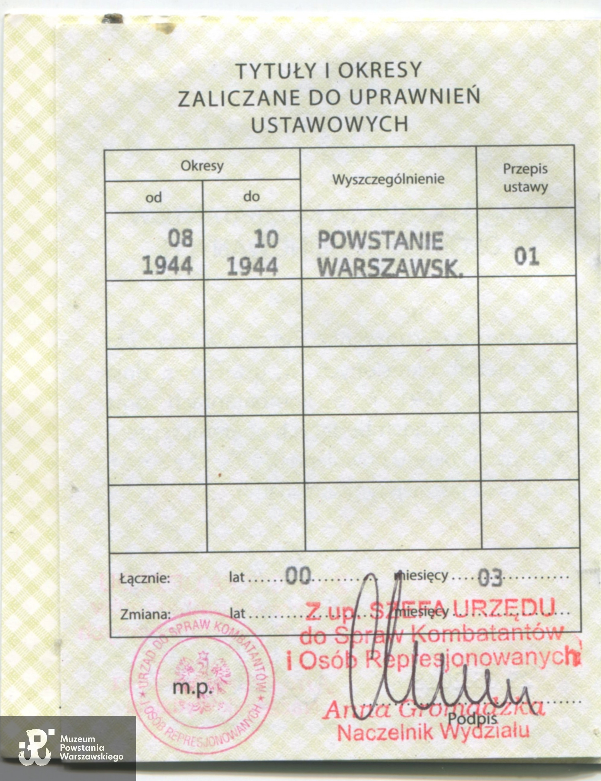 Źródło: Urząd ds Kombatantów i Osób Represjonowanych, zaliczony okres służby: Powstanie Warszawskie, VIII - X 1944