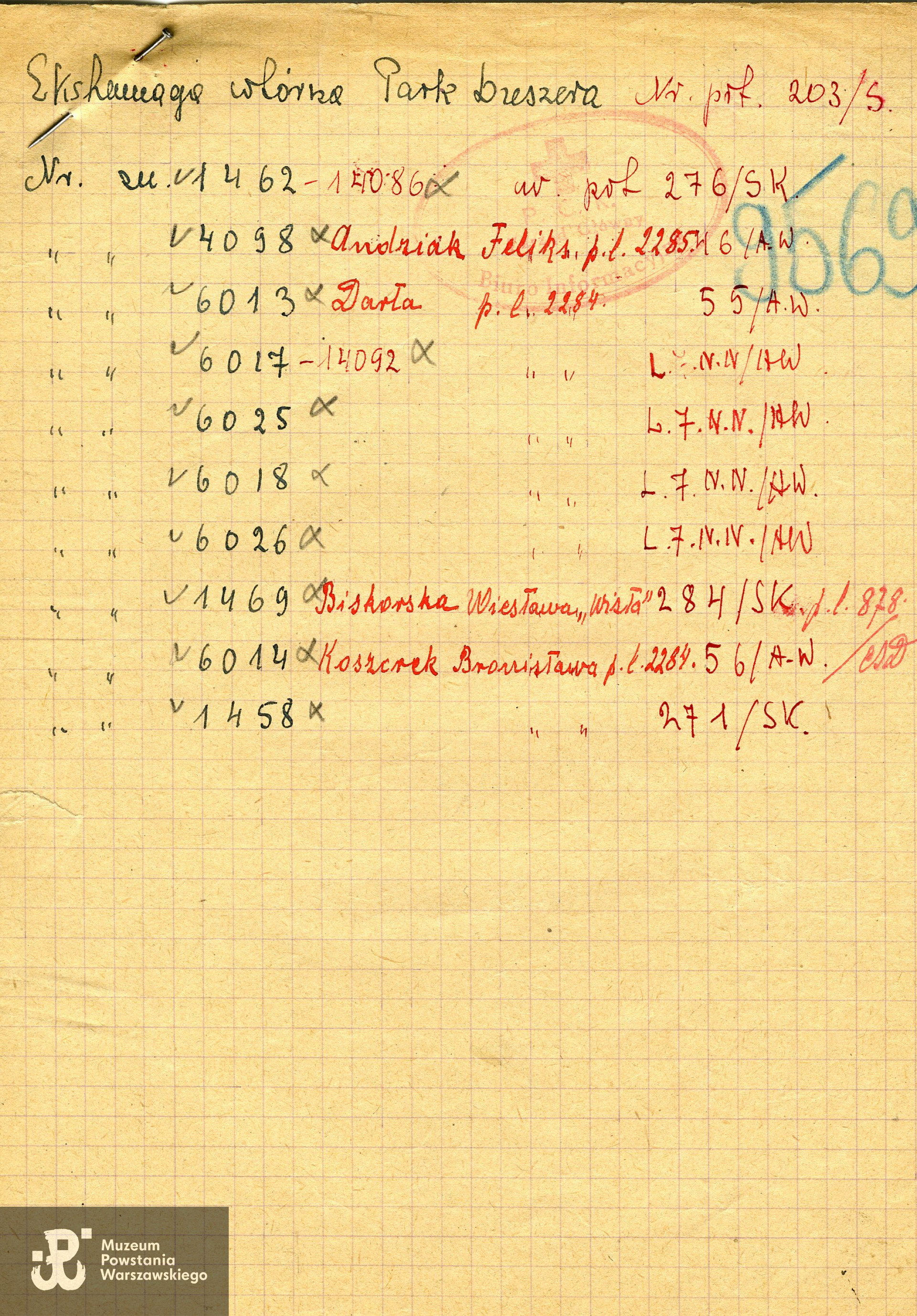 Źródło: Polski Czerwony Krzyż, Lista strat 9569: wykaz znaczków osób ekshumowanych wtórnie z Parku Dreszera - numer  znaczka 1462 oraz numer nowego znaczka  14086 dotyczą poległego Mieczysława Paciorka. Po ekshumacji z Parku Dreszera szczątki Mieczysława pochowano na Cmentarzu Powstańców Warszawy na Woli w kw. 48 rząd 2 jako żołnierza NN.