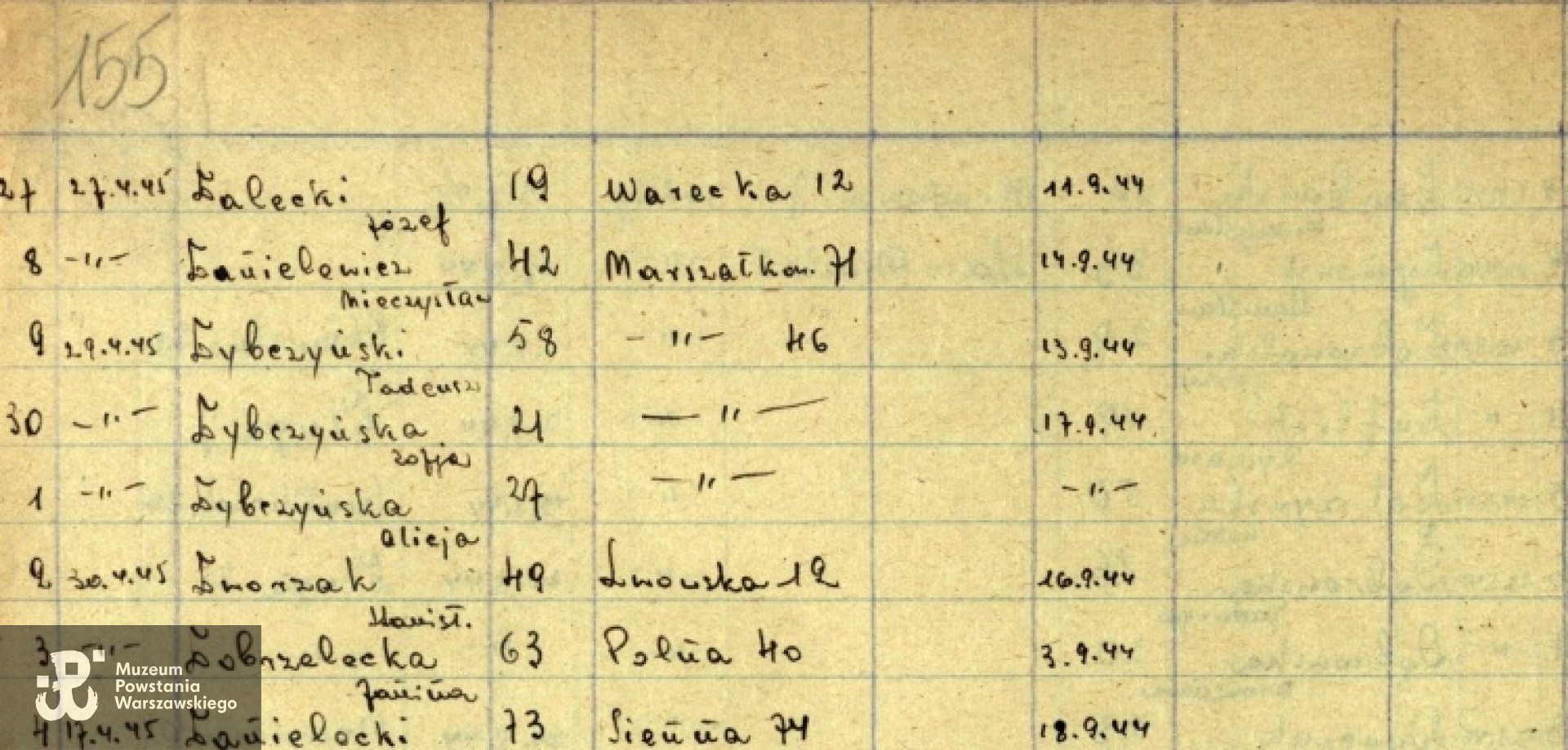Lista ekshumacyjna ze zbiorów AP - powiększony fragment - Alicja, Zofia i Tadeusz Dybczyńscy ekshumowani 29 kwietnia 1945 roku z posesji Marszałkowska 46