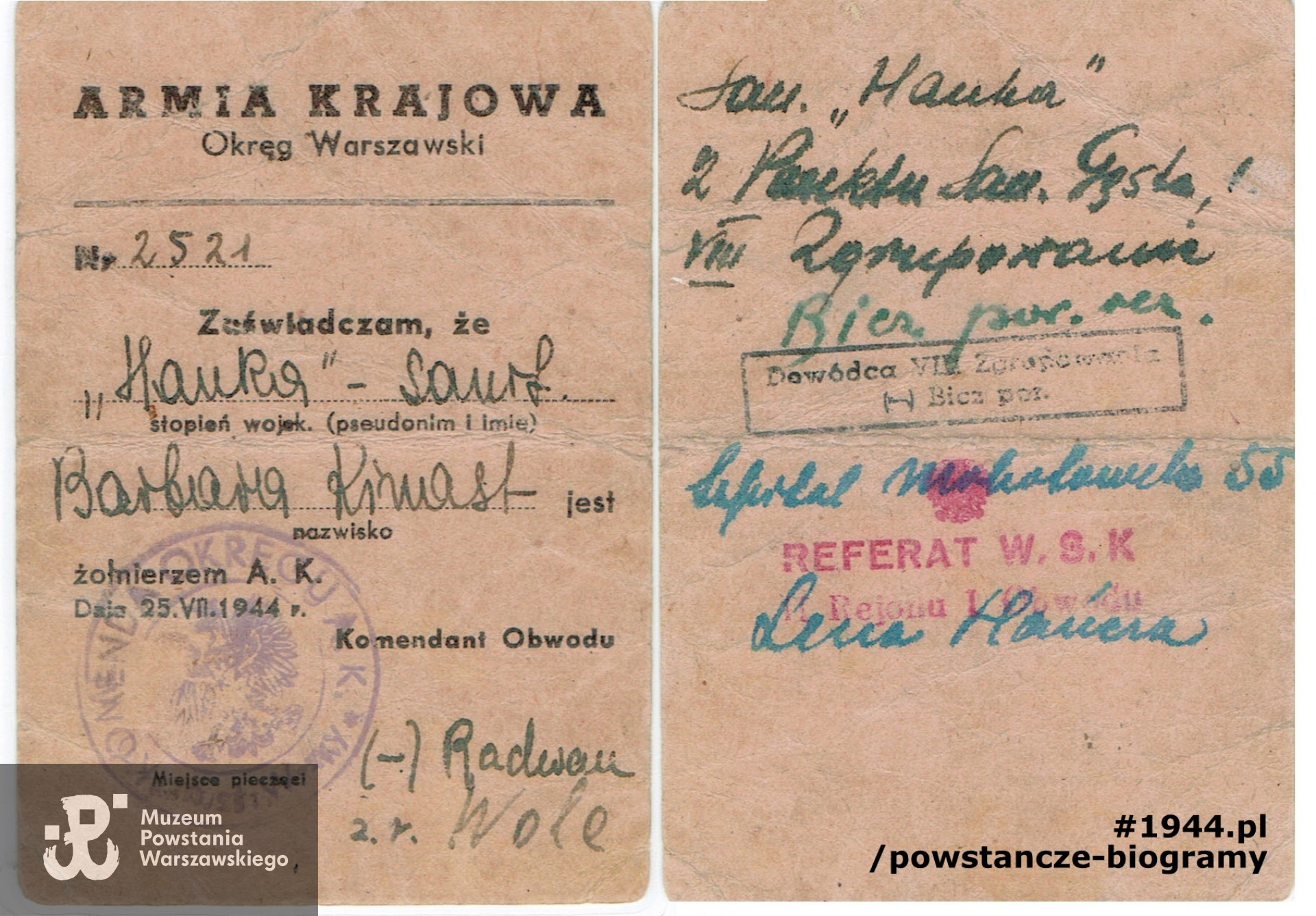 Należąca do Barbary legitymacja Armii Krajowej. Fot. i dokumenty z archiwum rodzinnego udostępniła p. Danuta Mikuła - Dobroń