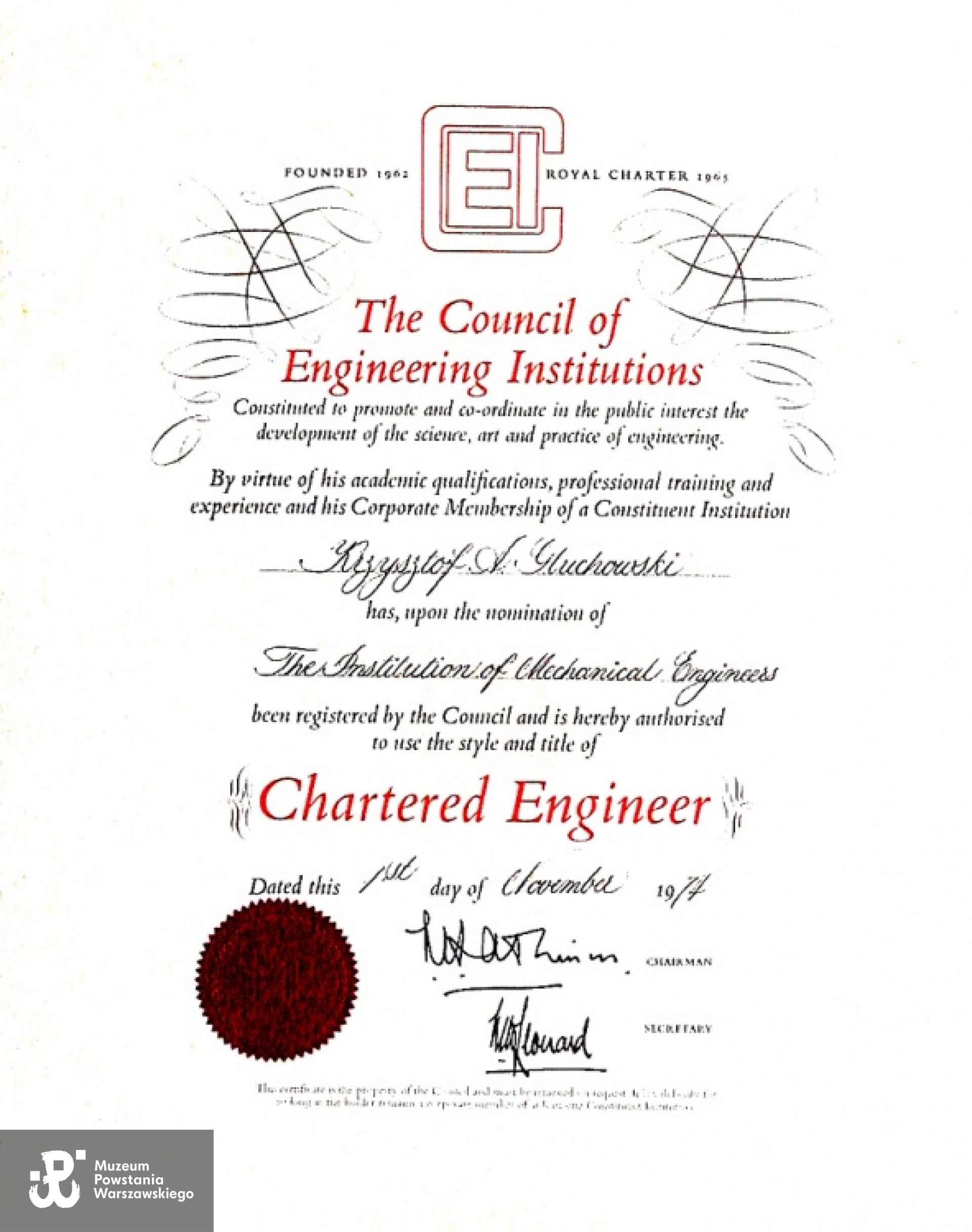 Dyplom Chartered Engineer Krzysztofa Głuchowskiego. Z archiwum rodzinnego Krzysztofa Głuchowskiego.