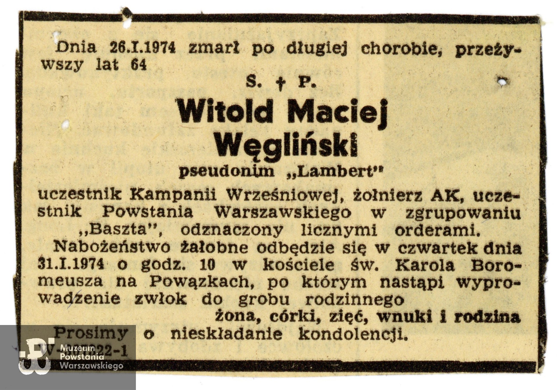 Nekrolog prasowy, źr. Teczki personalne uczestników Powstania Warszawskiego: Węgliński Witold 