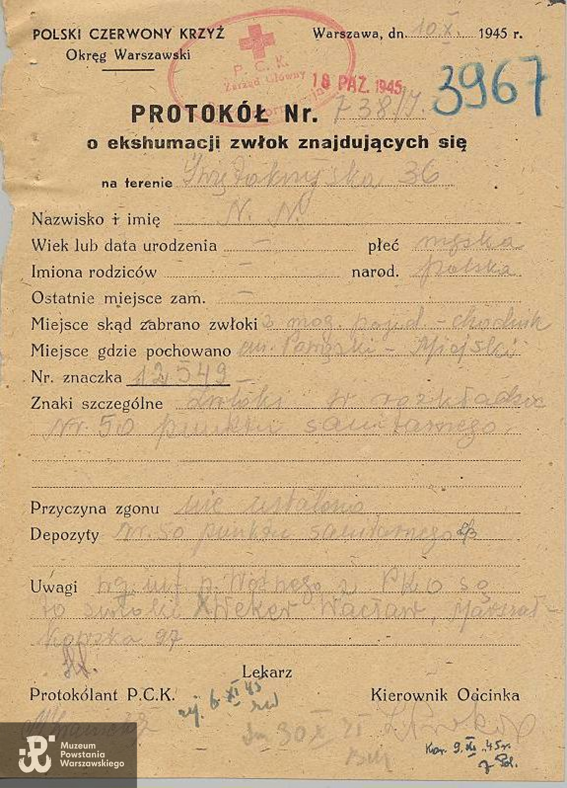 PCK - Lista Strat 3967 (protokół ekshumacyjny)