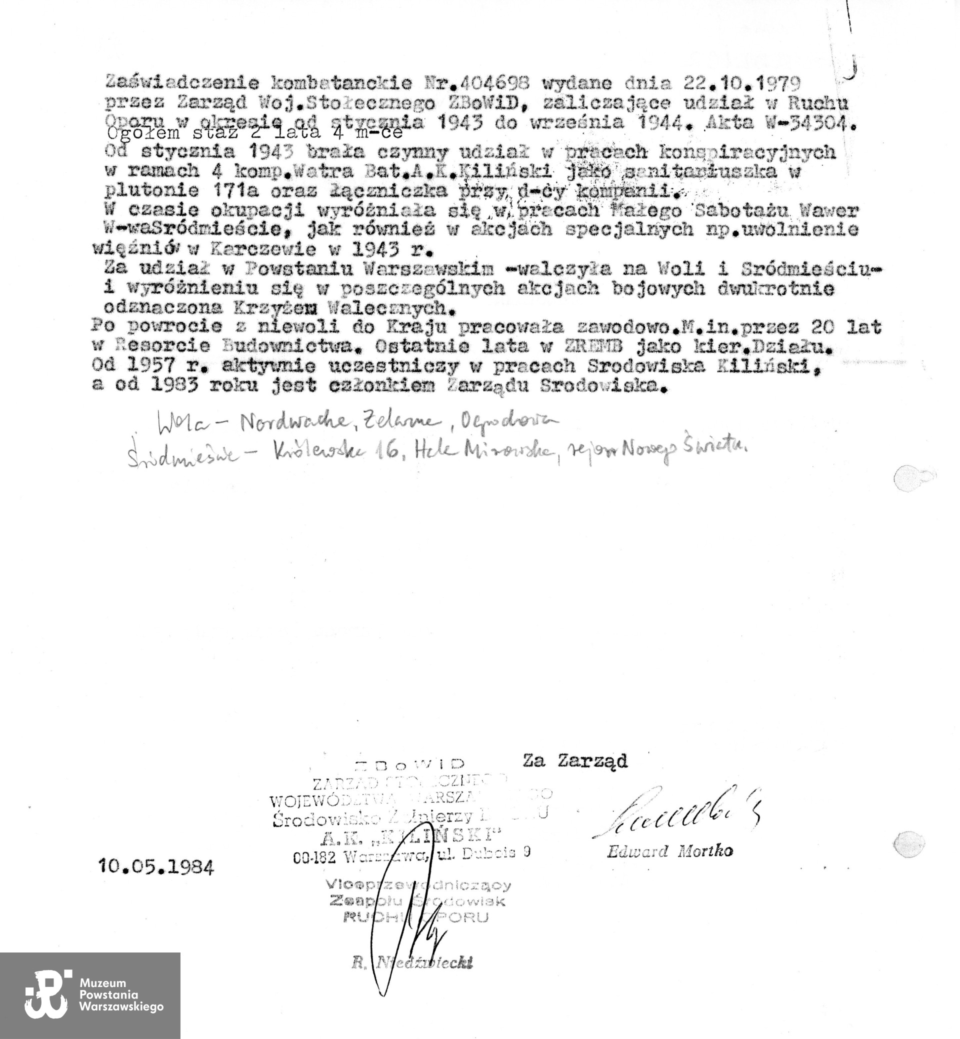 Uzasadnienie Środowiska Batalionu AK Kiliński do wniosku o odznaczenie KKOOP, 1984 r. 