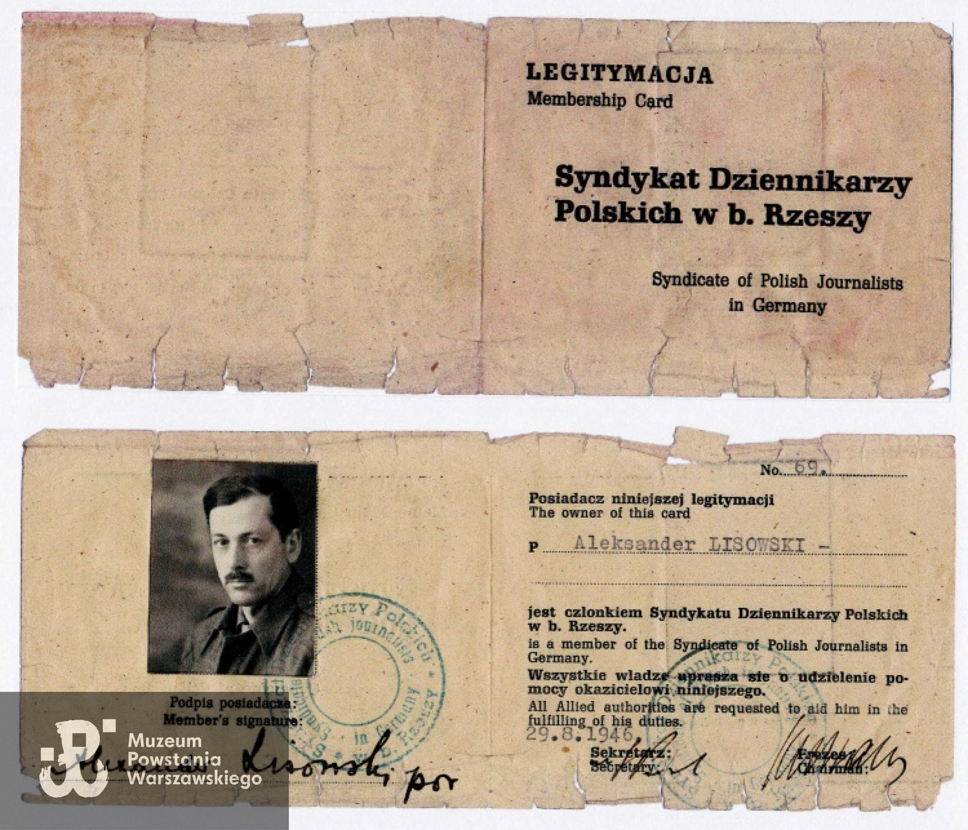 Legitymacja Syndykatu Dziennikarzy polskich w b. Rzeszy - rok 1946