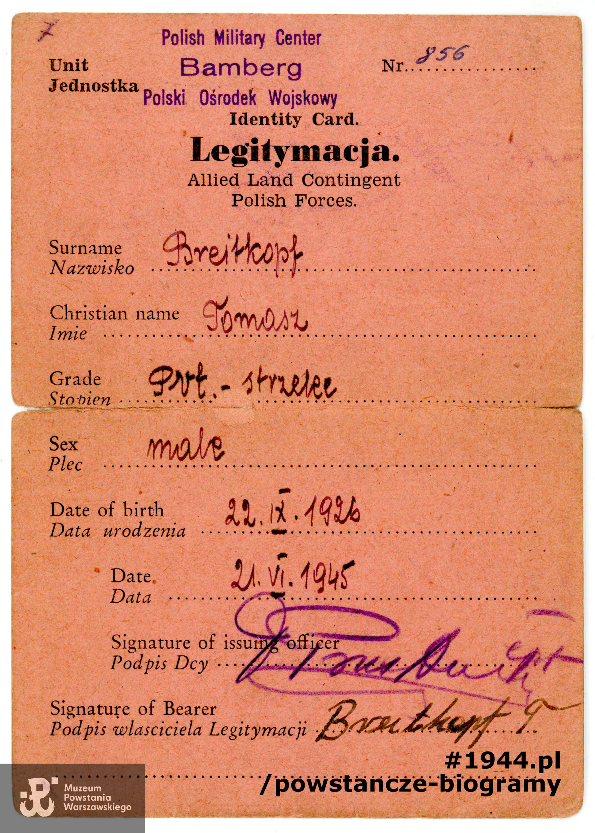 Legitymacja (Identity Card) wystawiona na nazwisko Tomasz Breitkopf przez Polski Ośrodek Wojskowy w Bambergu. Ze zbiorów Muzeum Powstania Warszawskiego, sygn. P/8068