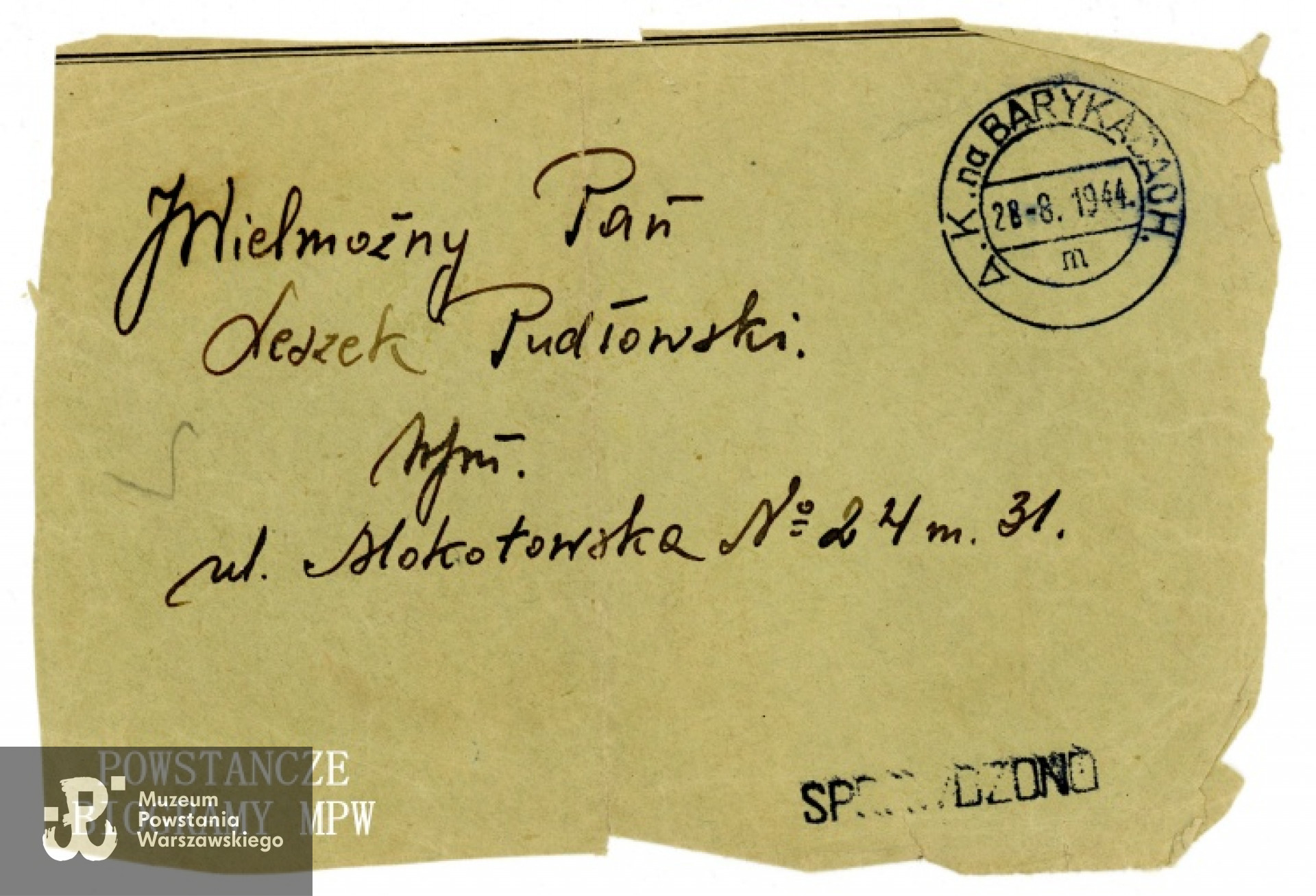Fragment koperty Poczty Powstańczej, adresowanej do Leszka Pudłowskiego na ul. Mokotowską. Ze zbiorów Muzeum Powstania Warszawskiego, sygn. P/8217