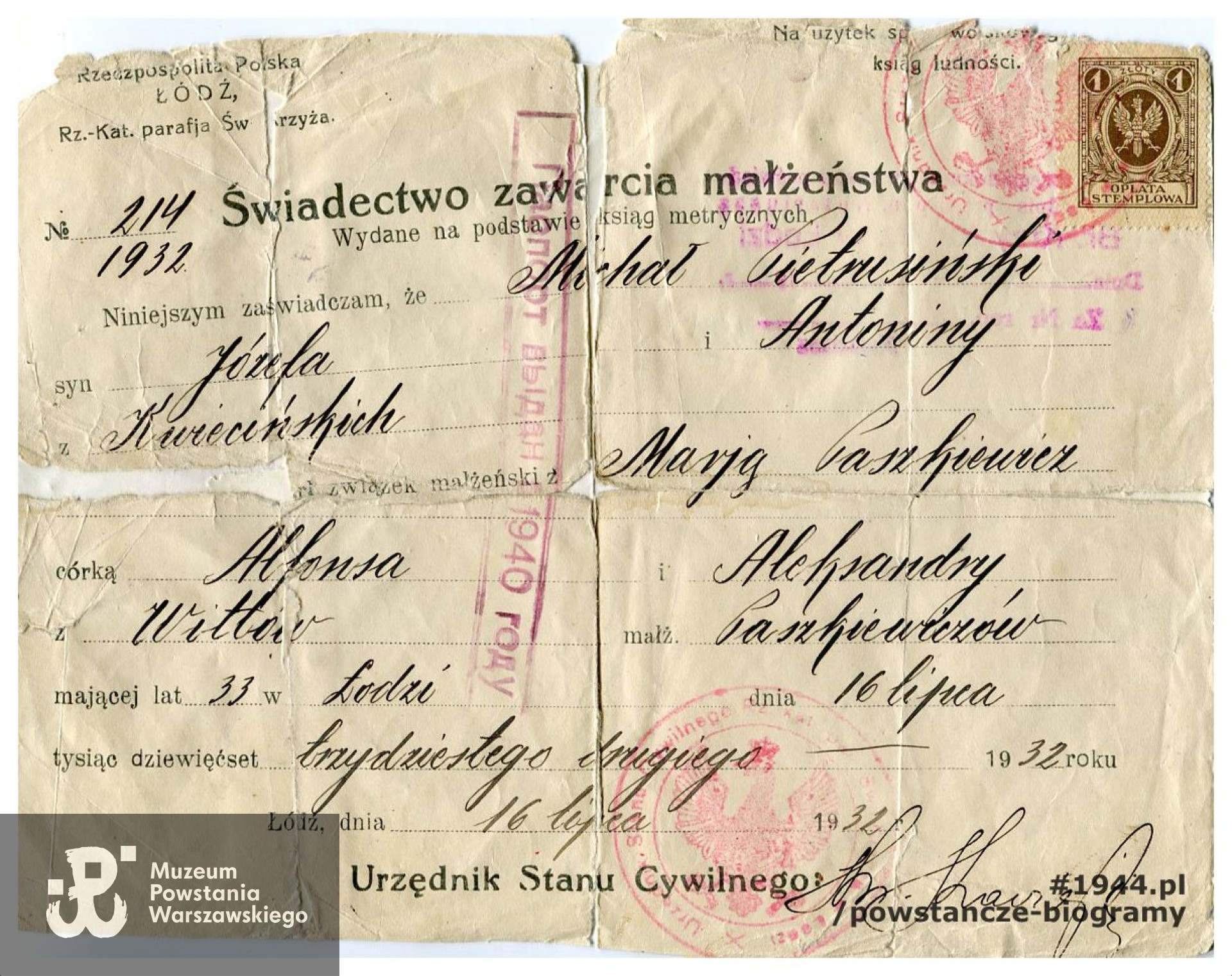 Świadectwo zawarcia małżeństwa wystawione przed wojną, dokument na nazwisko Michał Pietrusiński. Ze zbiorów Muzeum Powstania Warszawskiego, sygn. P/1798.