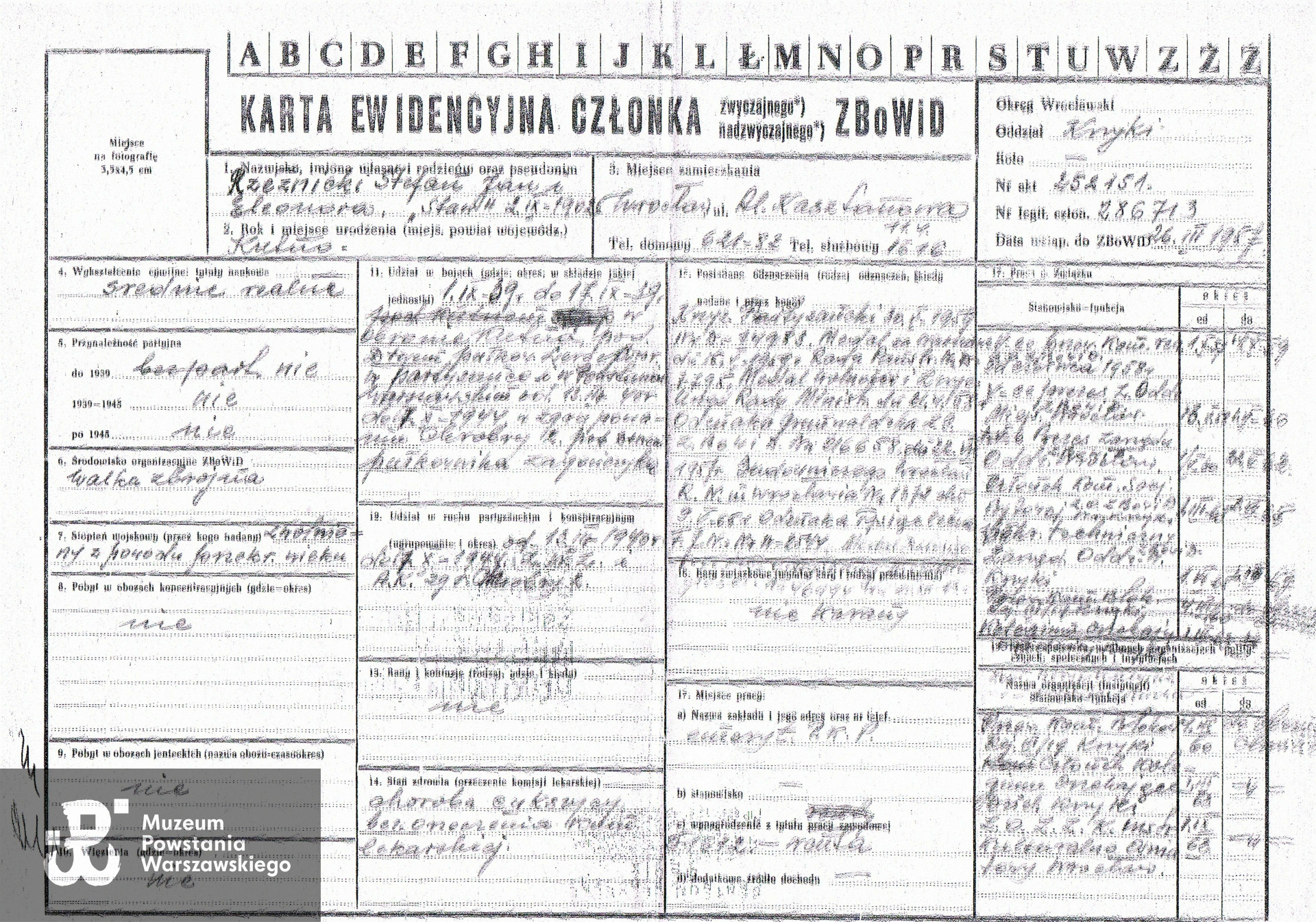 Karta ewidencyjna członka ZBoWiD. Ze zbiorów rodzinnych, skan nadesłał p. Jarosław Rzeźnicki.