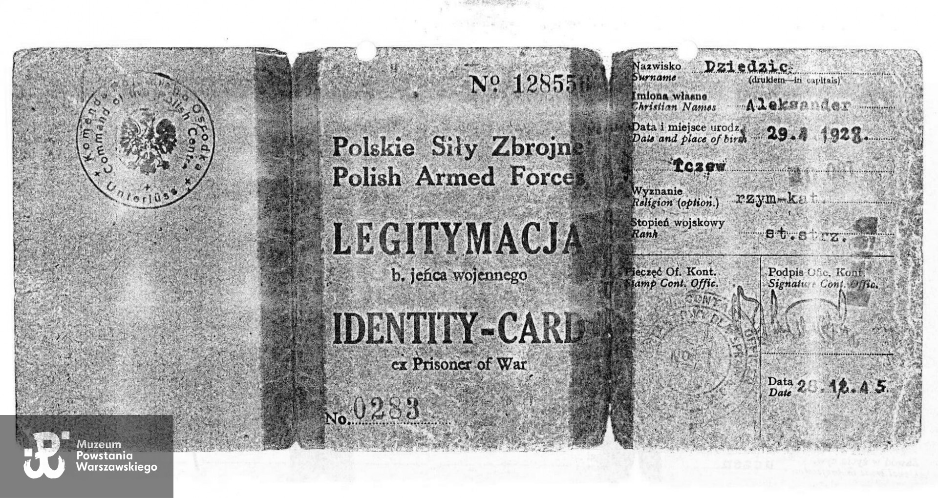Legitymacja Byłego Jeńca Wojennego, skan z kserokopii, archiwum prywatne p. Aleksandra Dziedzica