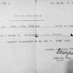 Przepustka wystawiona w dn. 21.08.1944 dla kaprala podchorążego 