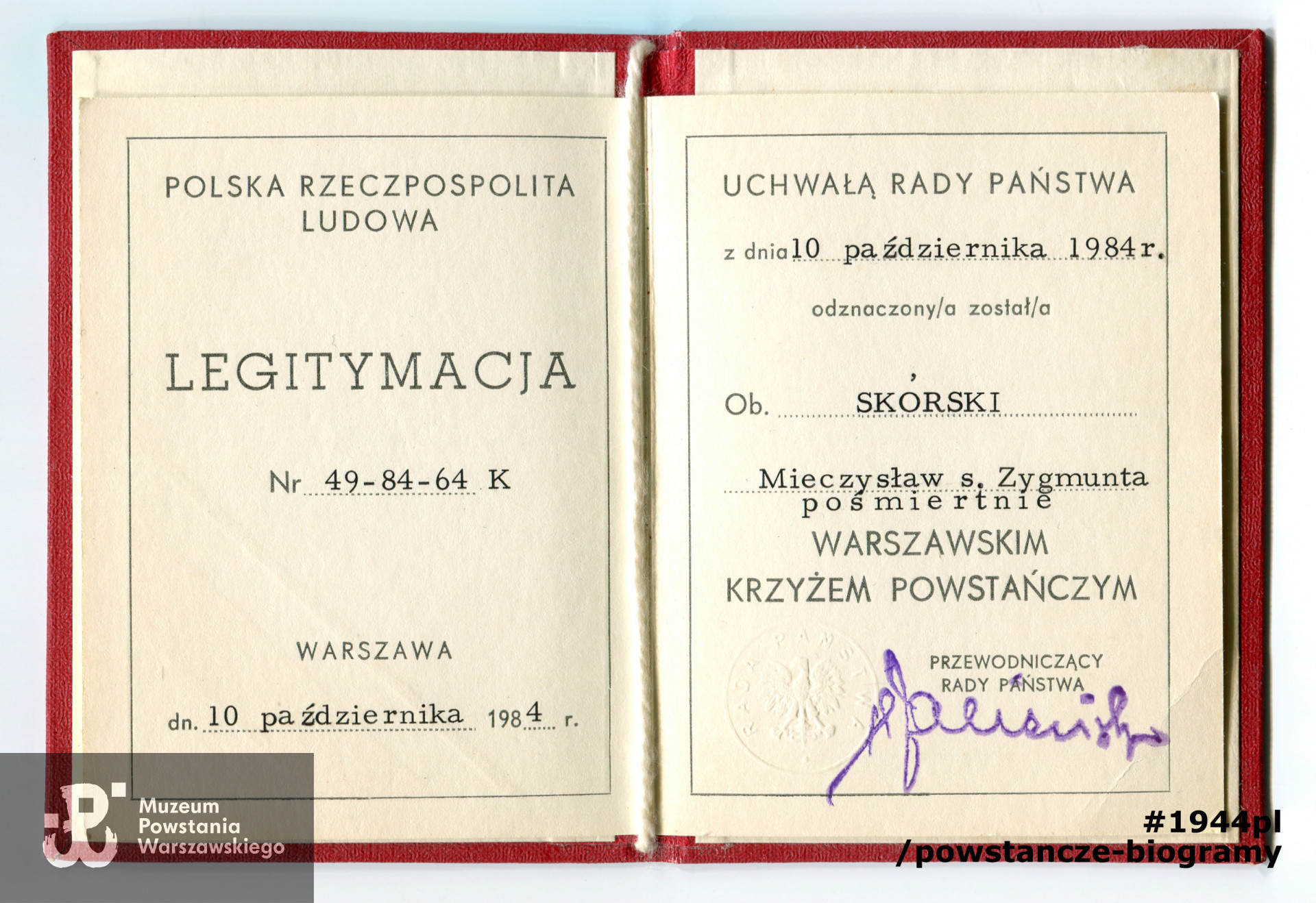 Legitymacja odznaczeniowa - Warszawski Krzyż Powstańczy.  Z archiwum rodzinnego p. Wojciecha Skórskiego