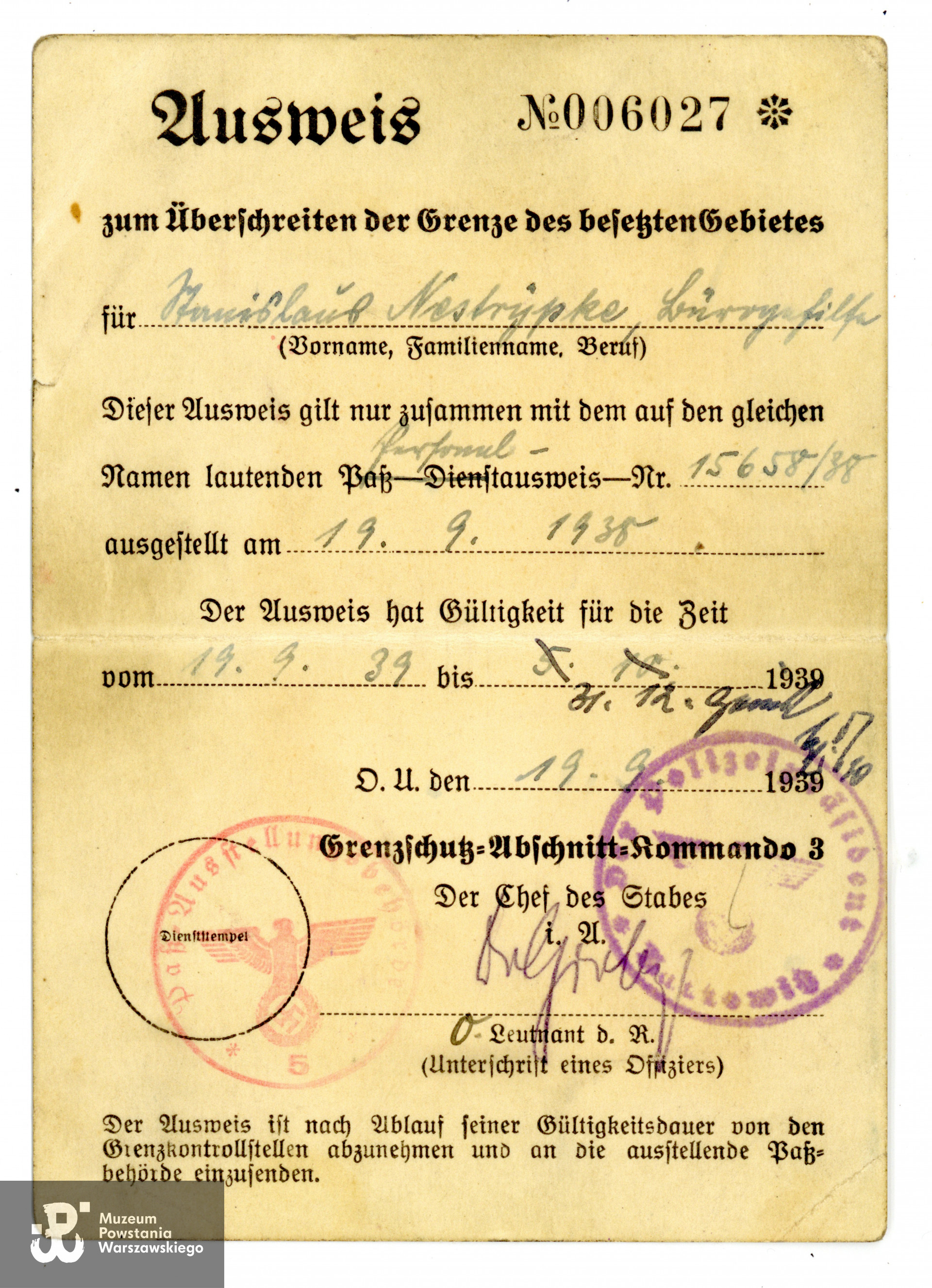 Dieter Ausweis datowany na 19.09.1939 r. Ze zbiorów rodzinnych p. Stanisława Nestrypke, bratanka Powstańca.