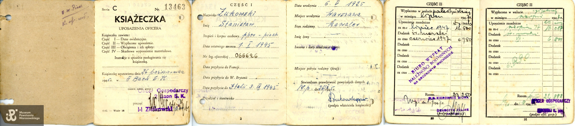 Książeczka wojskowa wypłaty żołdu  ppor. Stanisława Żukowskiego [Aronson]. Zbiory Muzeum Powstania Warszawskiego; sygn. MPW-A-10000