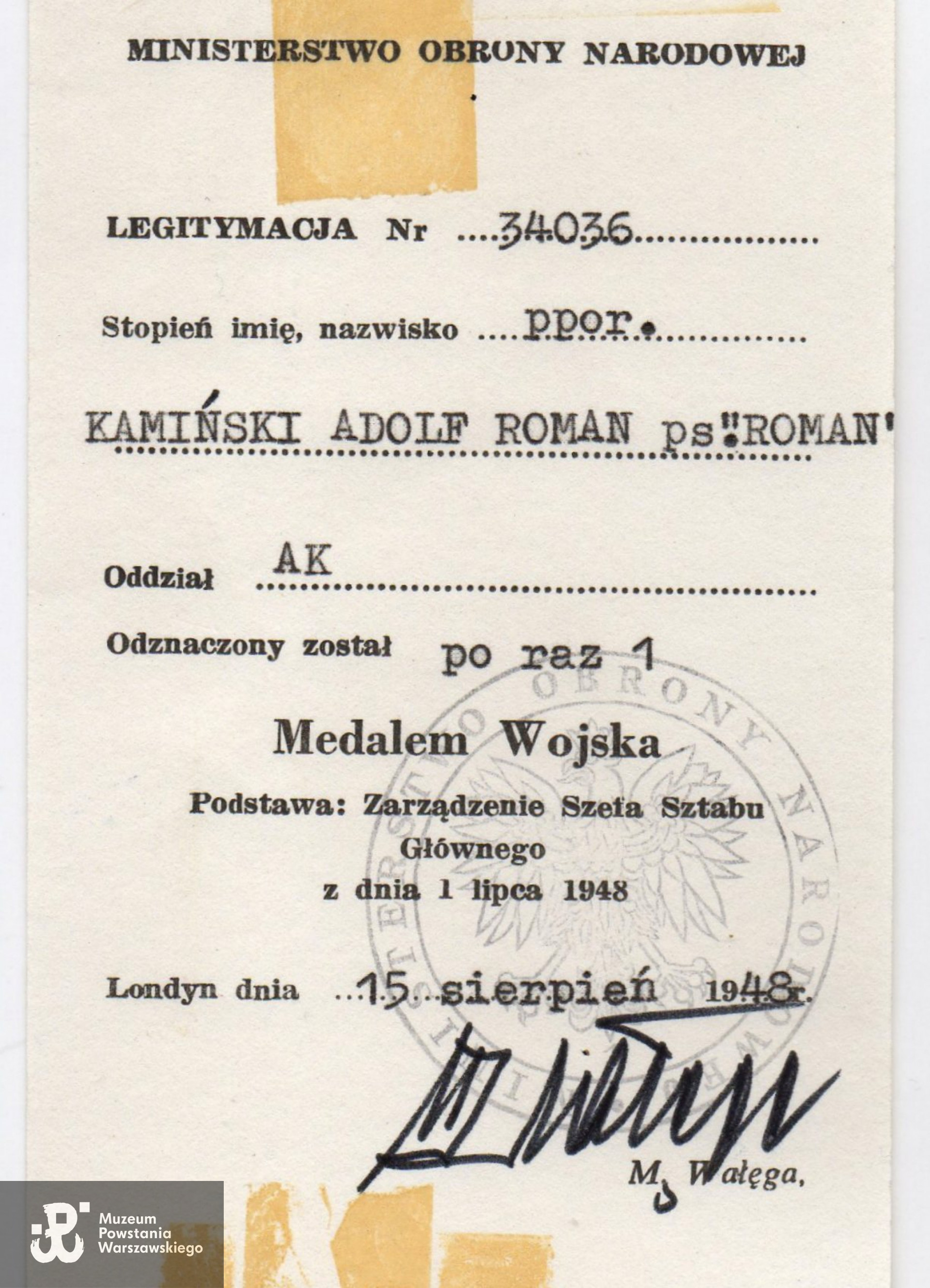 Legitymacja odznaczeniowa - Medal Wojska. Z archiwum rodzinnego  p. Edwarda Kamińskiego