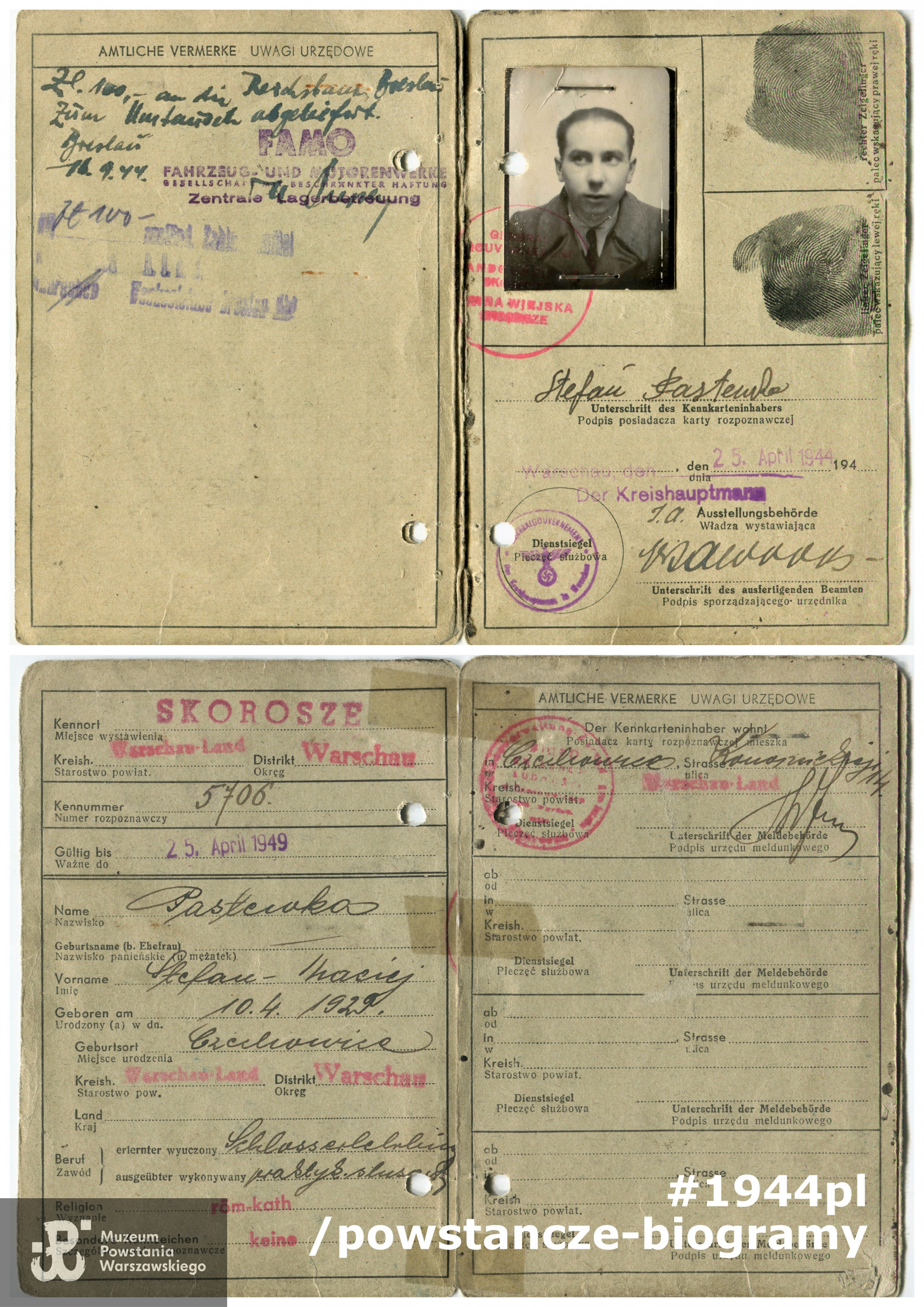 Należąca do Stefana Pastewki karta tożsamości (niem. Kennkarte). Dokument z archiwum prywatnego p. Stefana Pastewki