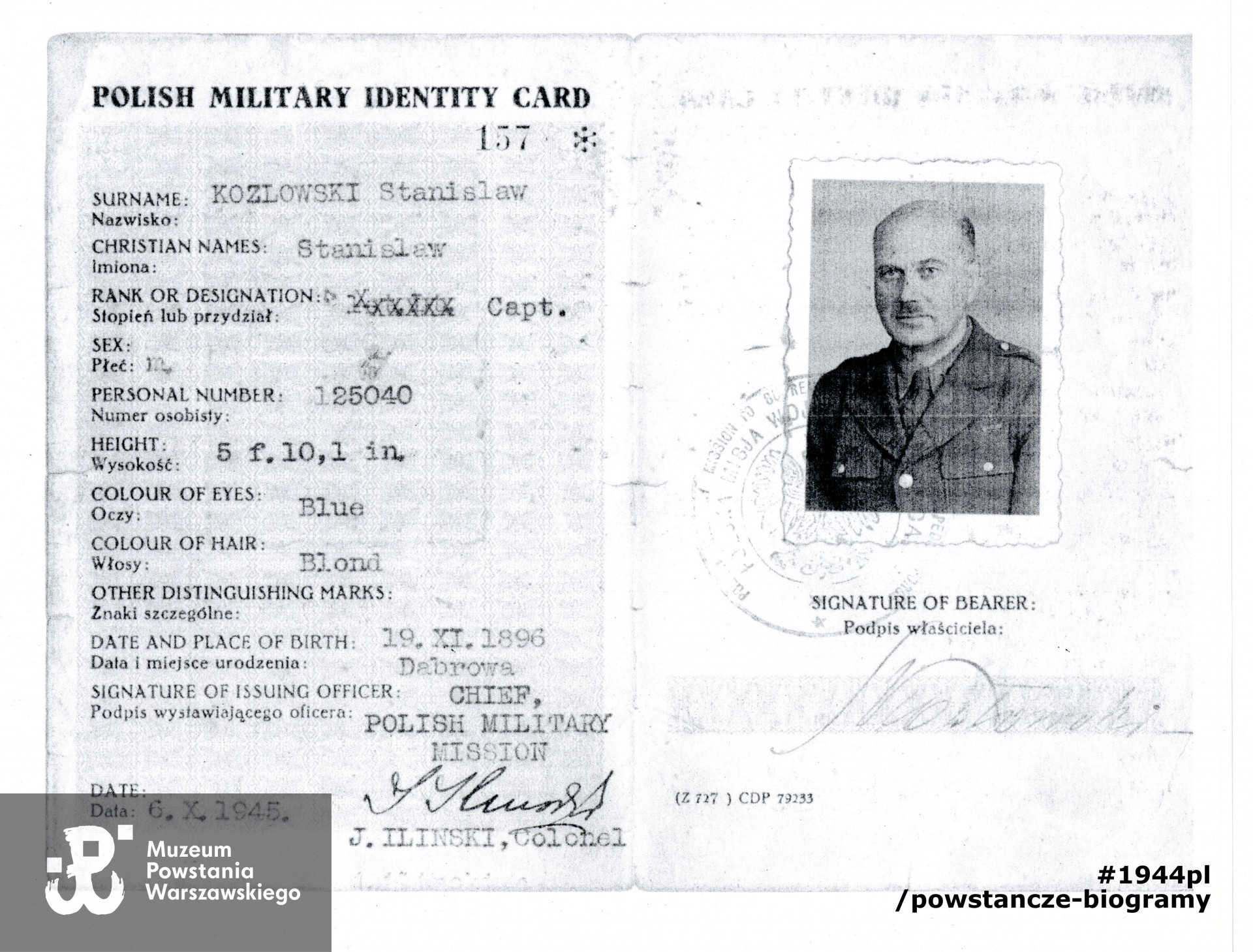 Polish Military Identity Card, kserokopia dołączona do dokumentów, oznaczona jako "przy P/7054/10,  dar p.  Macieja Kobińskiego.