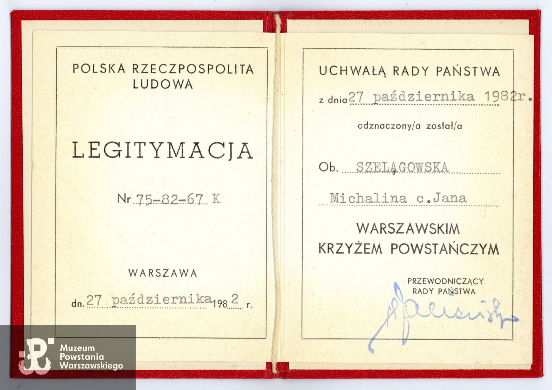 Legitymacja odznaczeniowa - Warszawski Krzyż Powstańczy. Ze zbiorów Muzeum Powstania Warszawskiego.