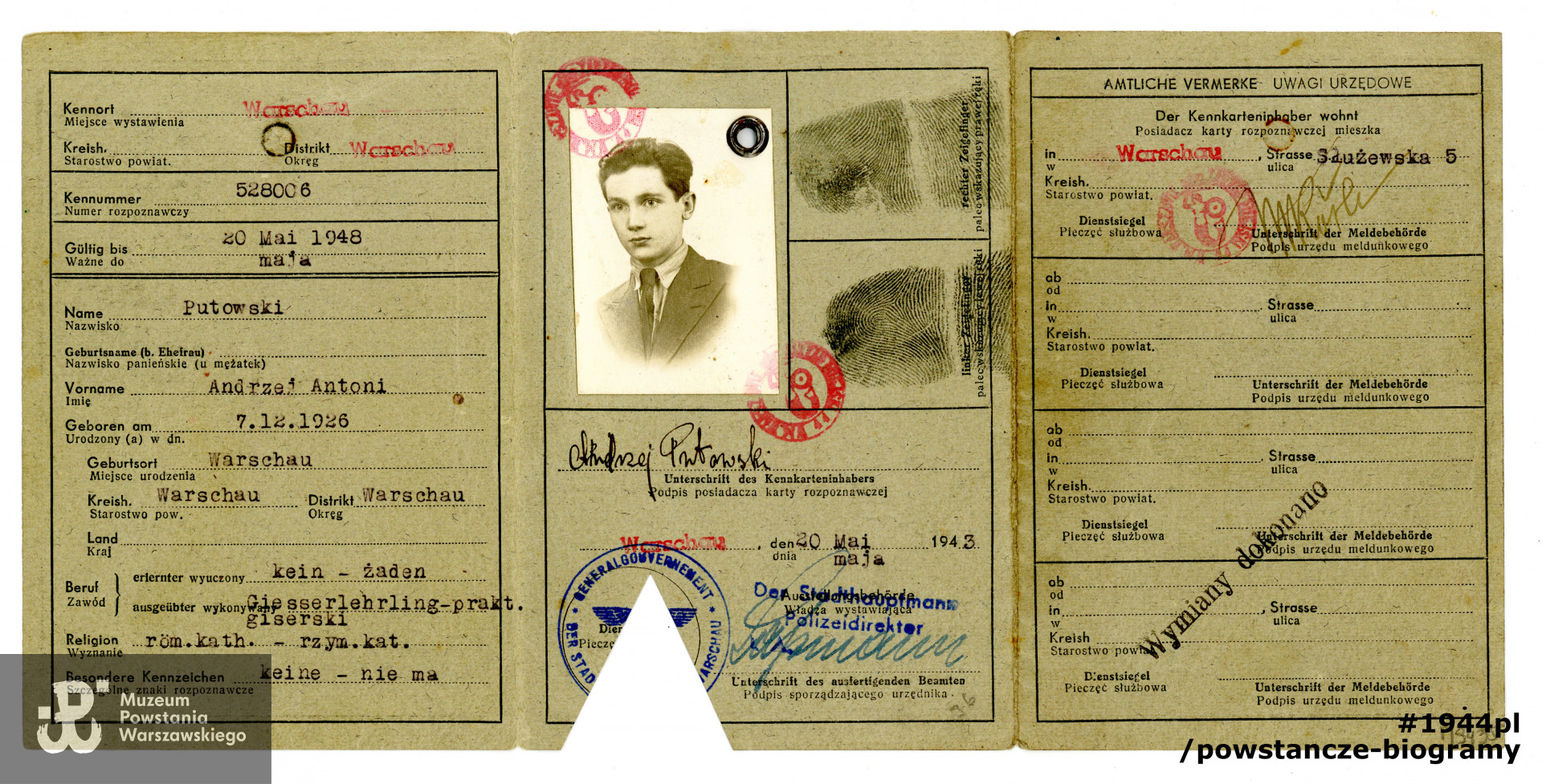 Kennkarta wystawiona na nazwisko Andrzej Putowski.  Ze zbiorów Muzeum Powstania Warszawskiego, sygn. P/9435