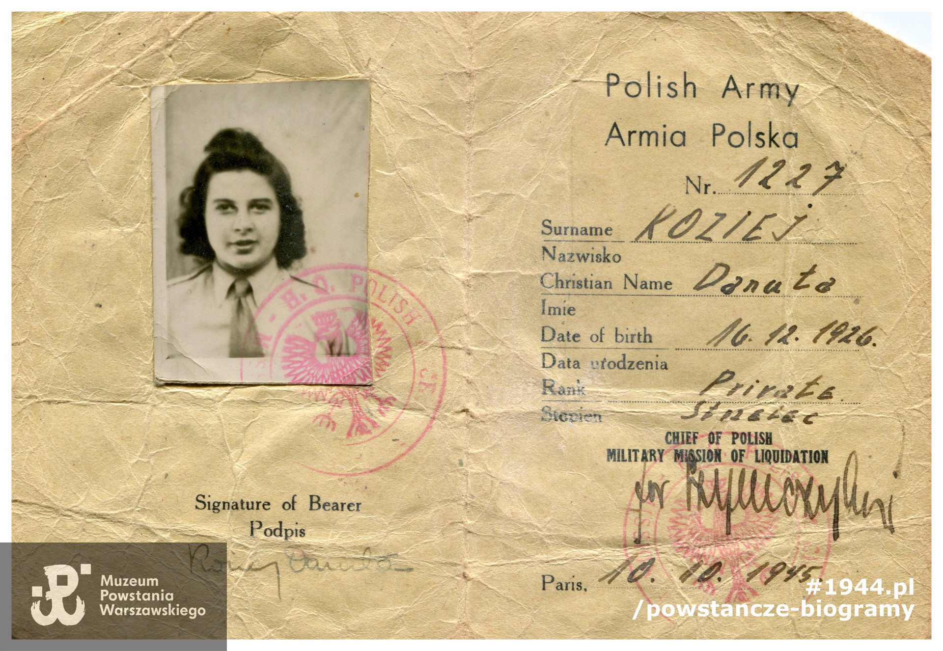 1945 rok - legitymacja  "Polish Army" wystawiona po wyzwoleniu z obozu jenieckiego. Ze zbiorów MPW- materiały do słownika biograficznego uczestników PW