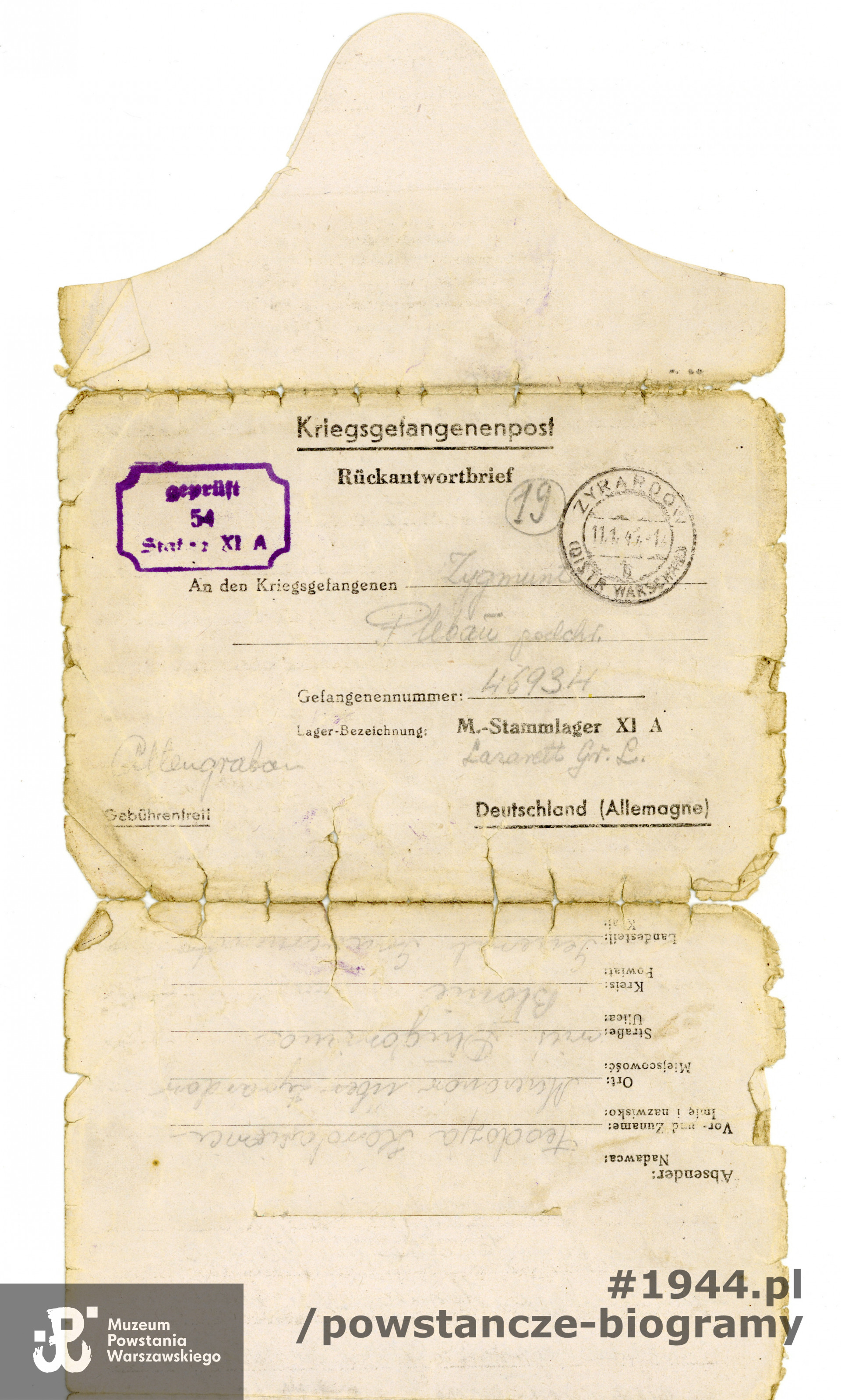 List na formularzu obozowym skierowany przez Zygmunta Plabana do siostry - Teodozji Kordasiewicz, z dn. 20.12.1944. Ze zbiorów Muzeum Powstania Warszawskiego, sygn.  P/8768/17