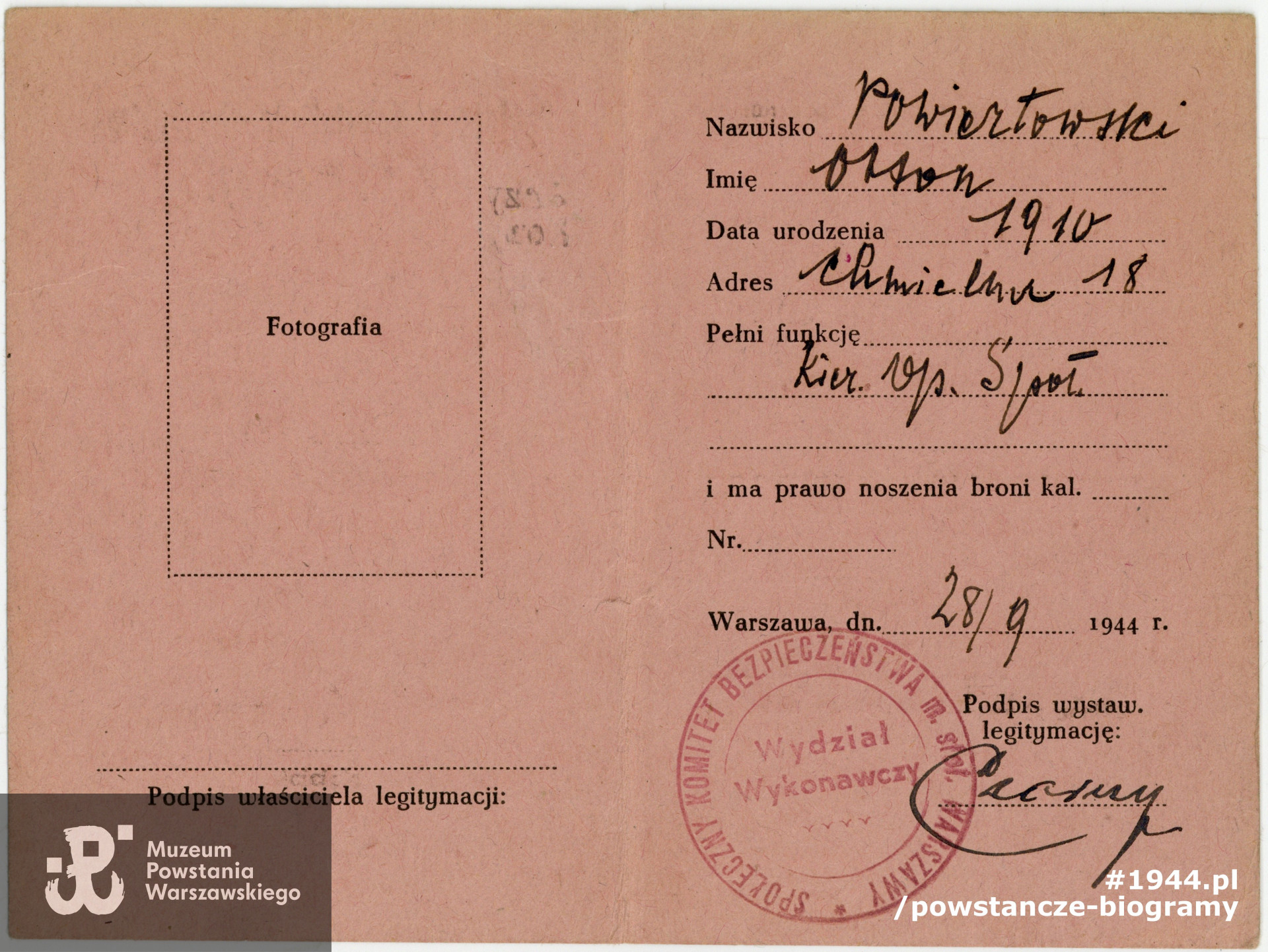 Społeczny Komitet Bezpieczeństwa m. st. Warszawy - legitymacja datowana na 28.09.1944. Dokument wystawiony na konspiracyjne nazwisko Powiertowski. Z archiwum rodzinnego udostępniła córka, p. Joanna Brejnak.