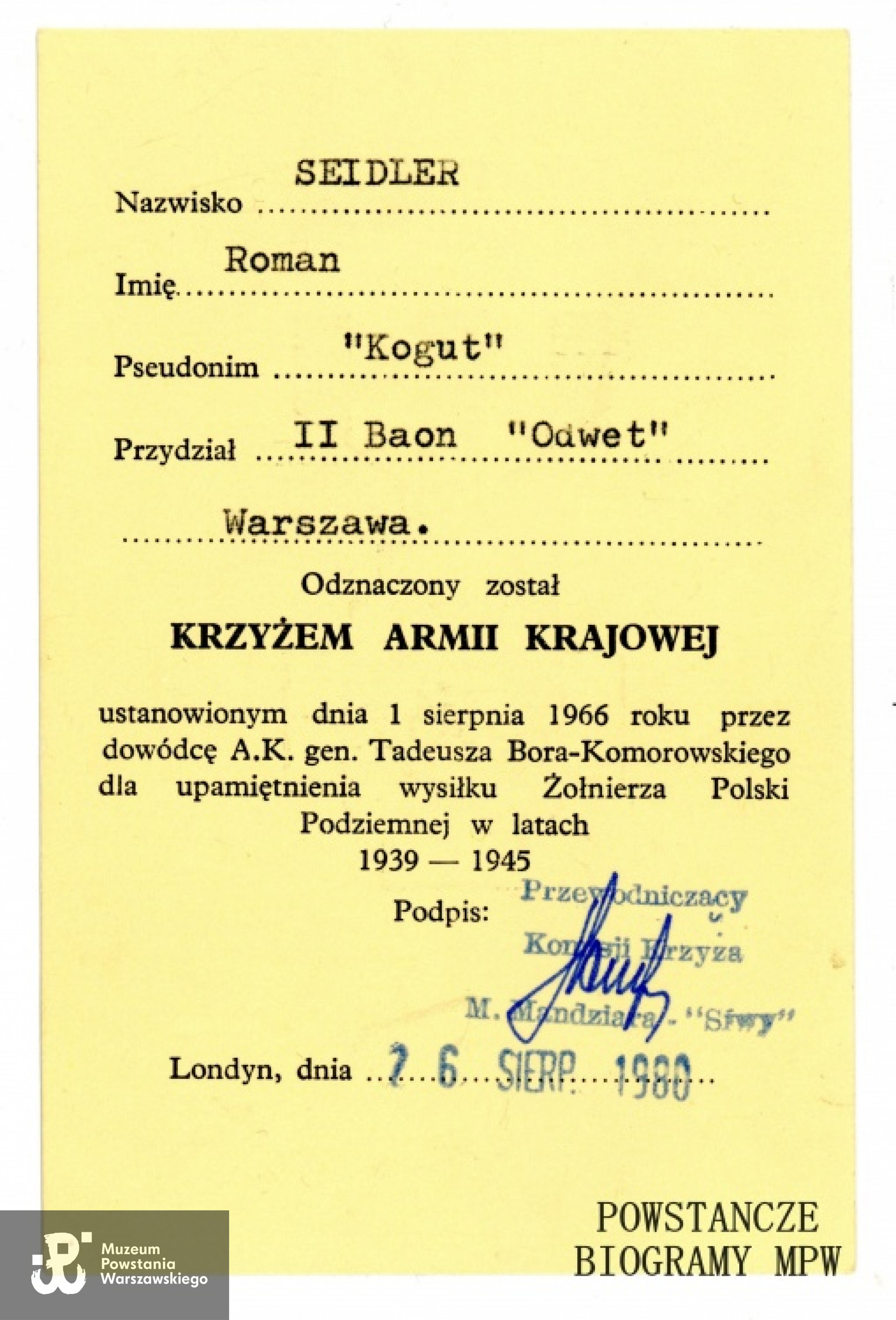 Legitymacja odznaczenia Krzyżem Armii Krajowej - Londyn, 26.08.1980. Z archiwum rodzinnego Barbary Seidler