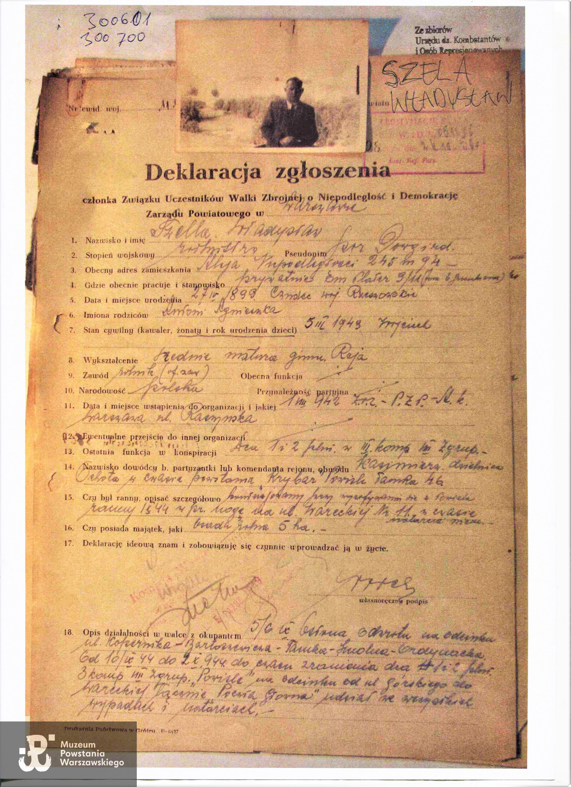 Deklaracja członkowska ZBoWiD. Ze zbiorów Urzędu ds Kombatantów i Osób Represjonowanych.