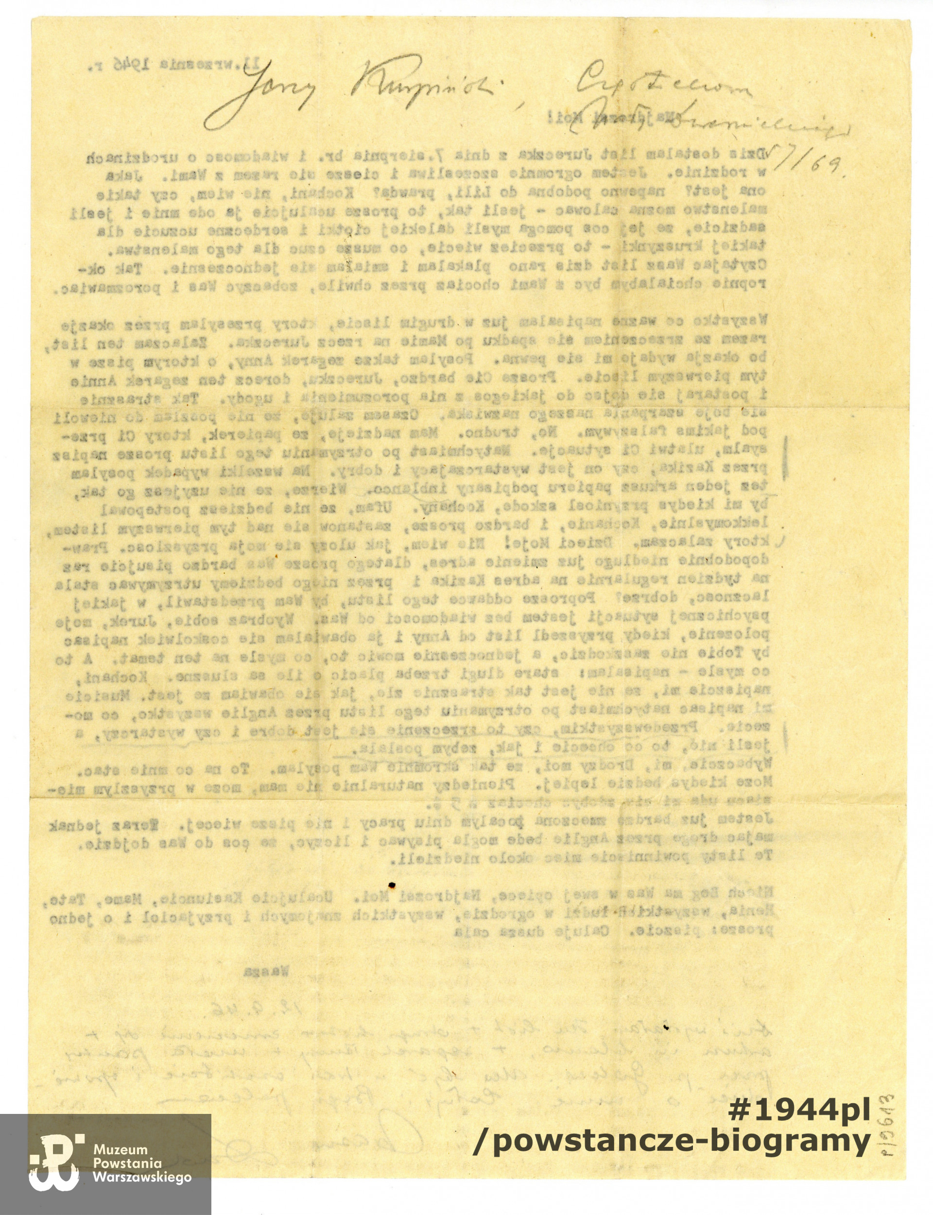 List Marii Kurpińskiej do rodziny.  Ze zbiorów Muzeum Powstania Warszawskiego, sygn. P/9613/22