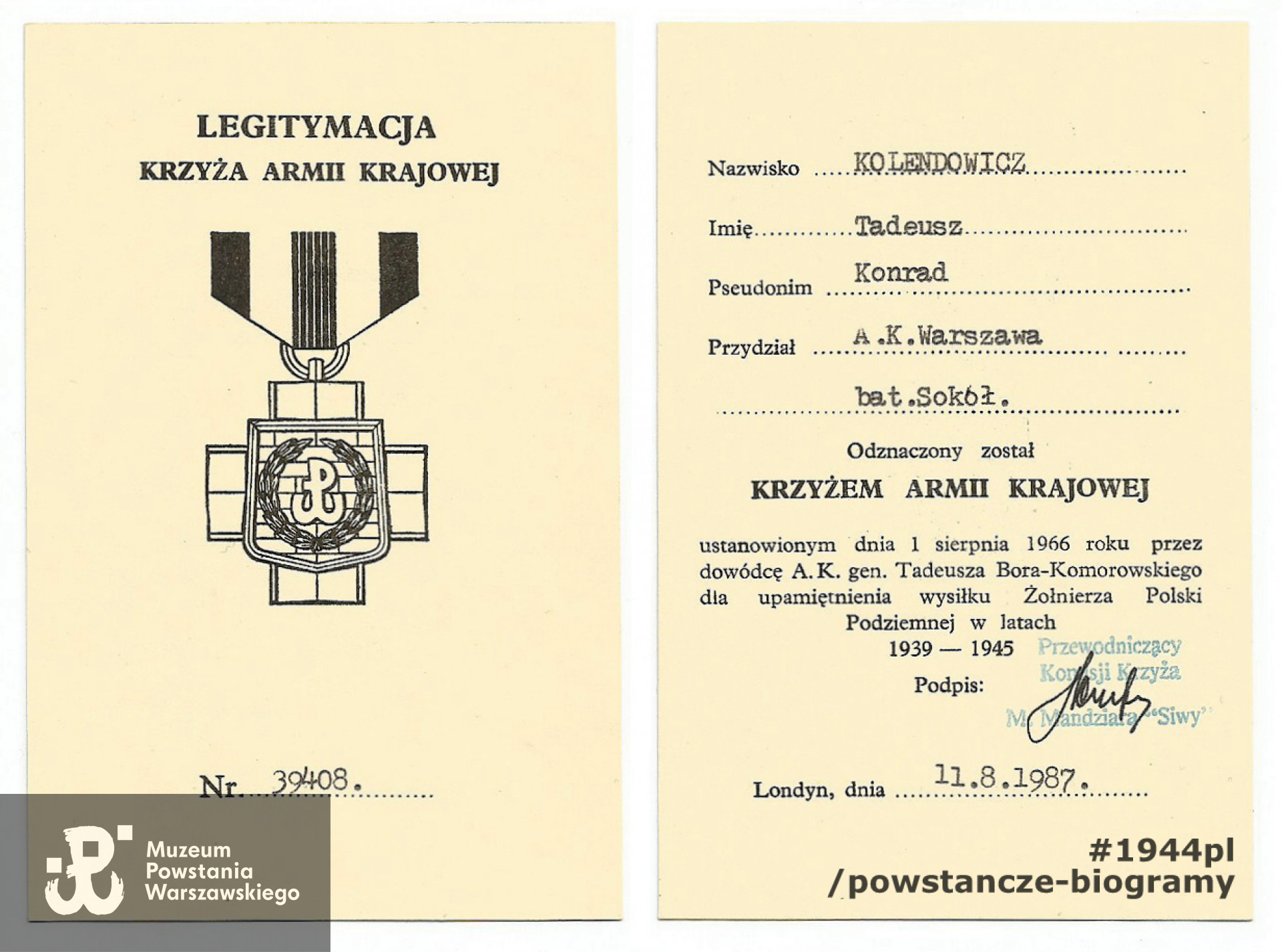 Legitymacja odznaczeniowa - Krzyż Armii Krajowej,  Londyn, 11.08.1987 r. Ze zbiorów rodzinnych p. Ewy Kolendowicz
