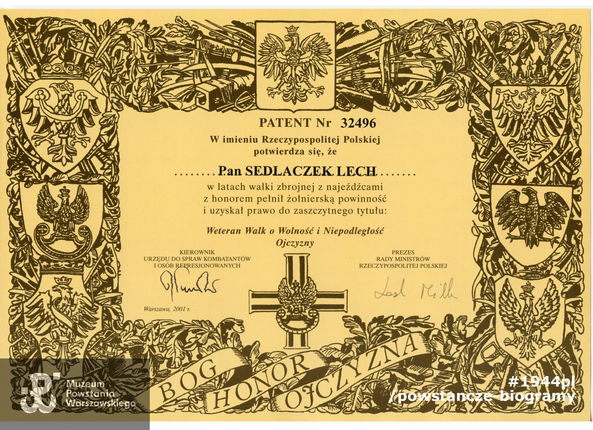Patent Weterana  Walk o Wolność i Niepodległość Ojczyzny. Z archiwum rodzinnego p. Lecha Sedlaczka ps. Hak