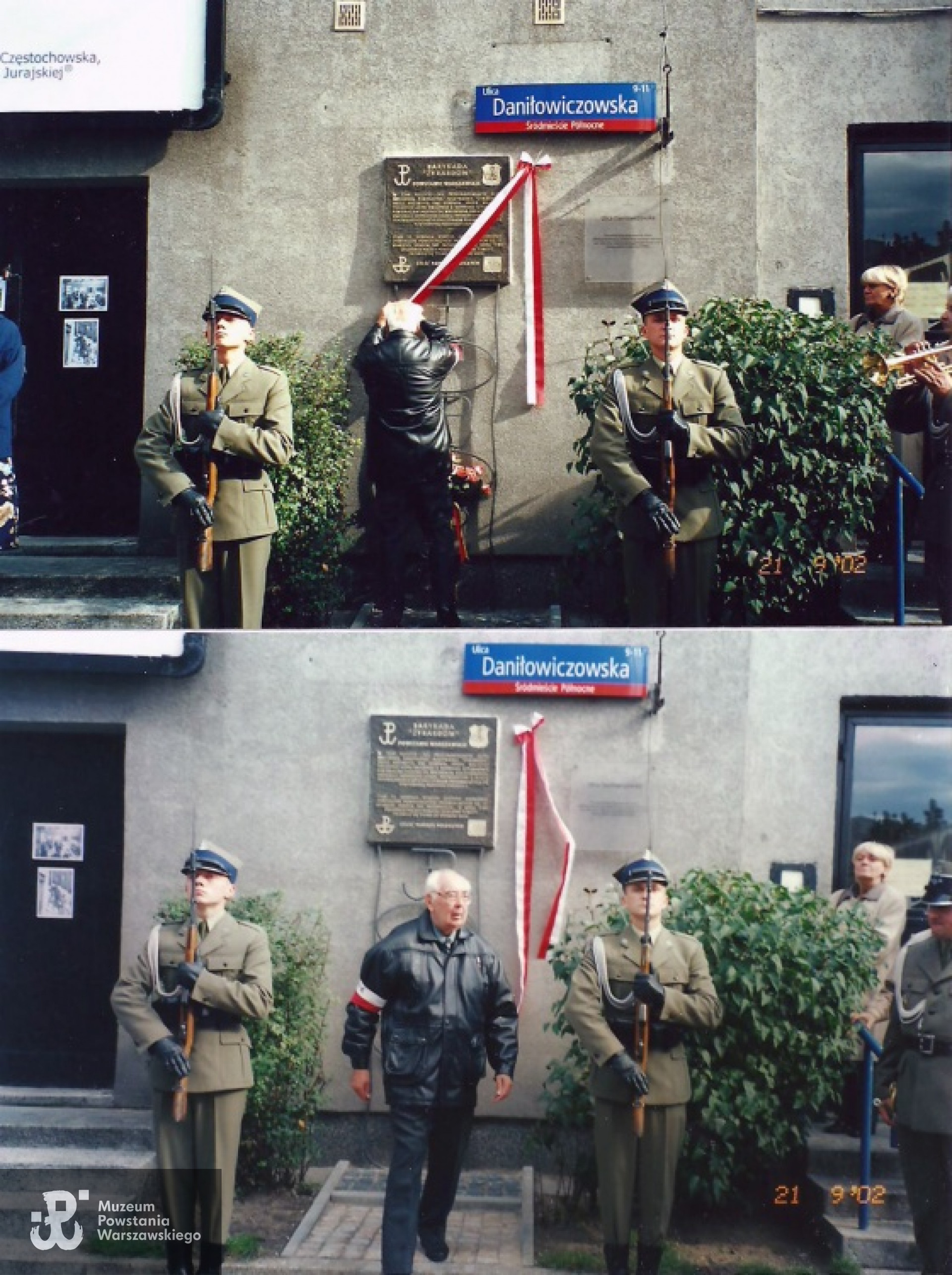 Mieczysław Sztejerwald na ul. Daniłowiczowskiej 11 odsłania tablicę upamiętniającą walki kompanii "P-20" na barykadzie "Żyrardów"