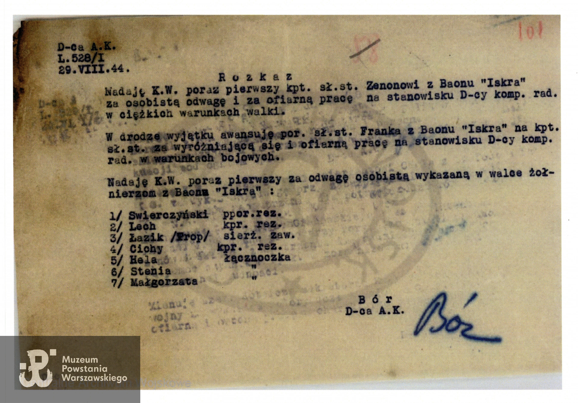 Rozkaz D-cy Armii Krajowej Tadeusza Komorowskiego "Bora" L. 528/I z dn. 29.08.1944 o nadaniu Krzyża Walecznych.