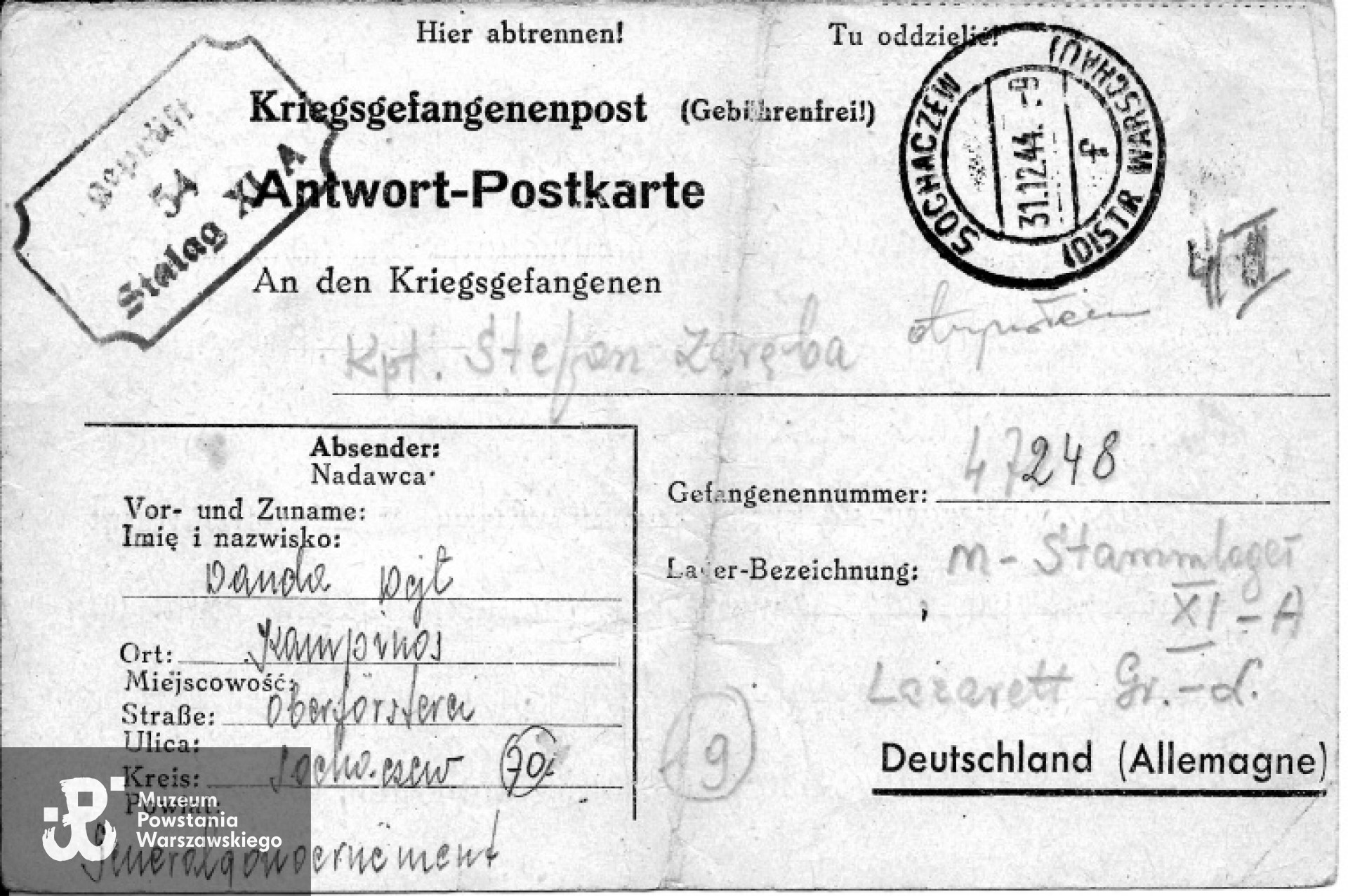 List żony wysłany do Stalagu XI A na fałszywe nazwisko kpt. Stefana Zaręby