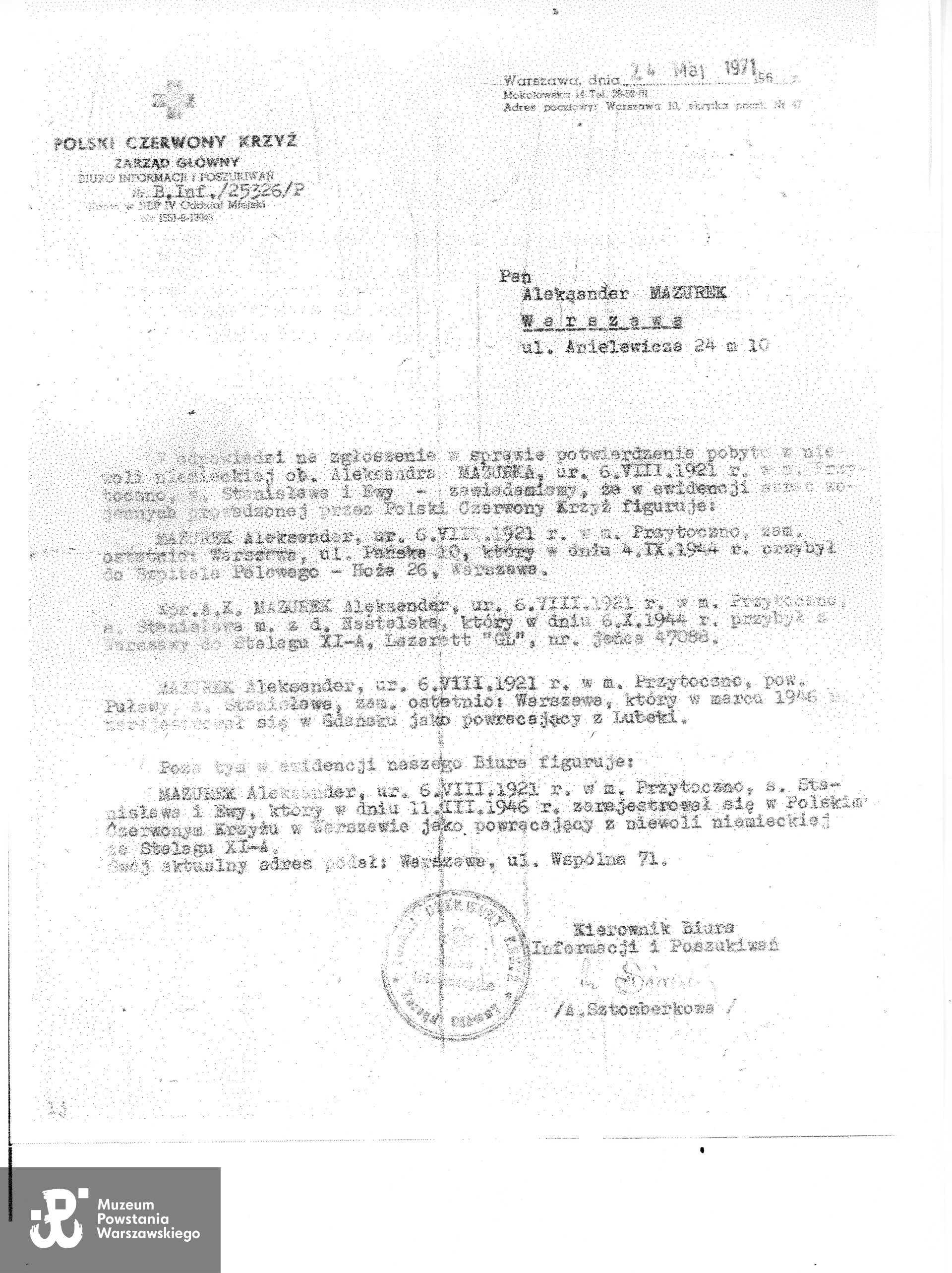 Dokument udostępniony przez p. Adama Mazurka, syna Powstańca